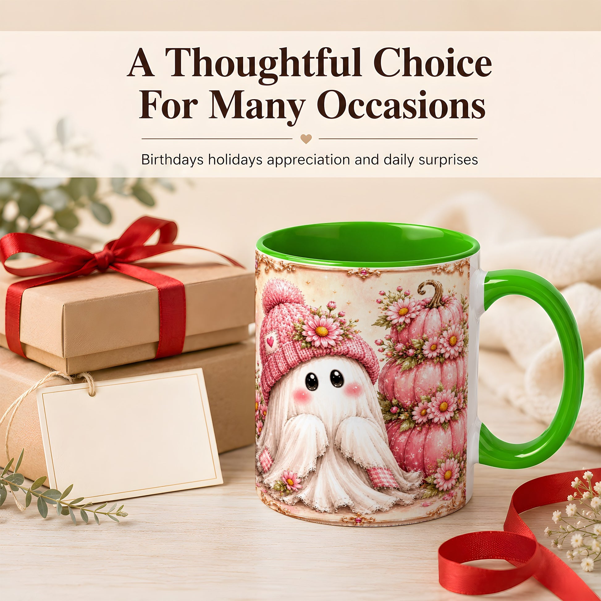 #pl[11oz|Green] Pink Pumpkin Ghost Coffee Mug, Floral Autumn Mug, Ceramic Cup