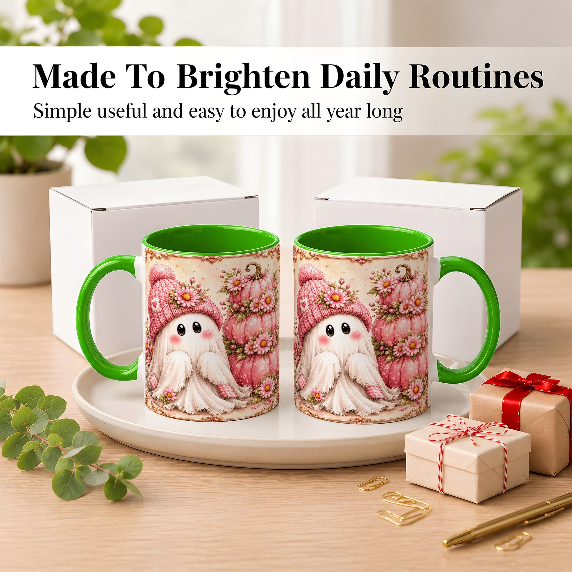 #pl[11oz|Green] Pink Pumpkin Ghost Coffee Mug, Floral Autumn Mug, Ceramic Cup