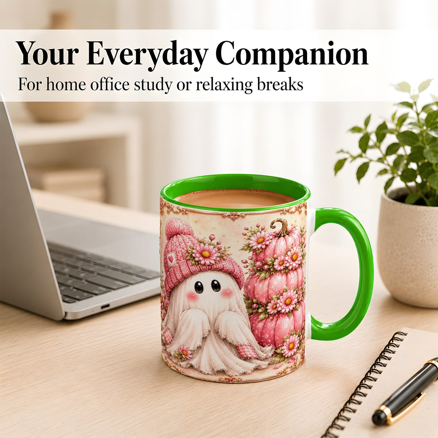 #pl[11oz|Green] Pink Pumpkin Ghost Coffee Mug, Floral Autumn Mug, Ceramic Cup
