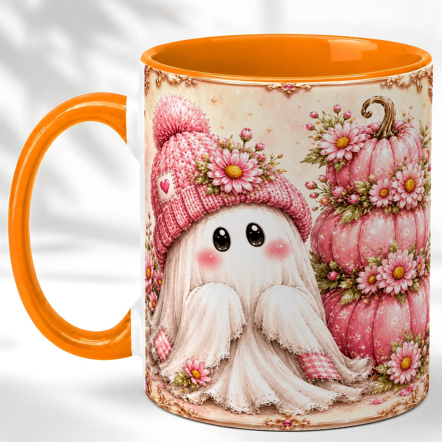 #pl[11oz|Orange] Pink Pumpkin Ghost Coffee Mug, Floral Autumn Mug, Ceramic Cup