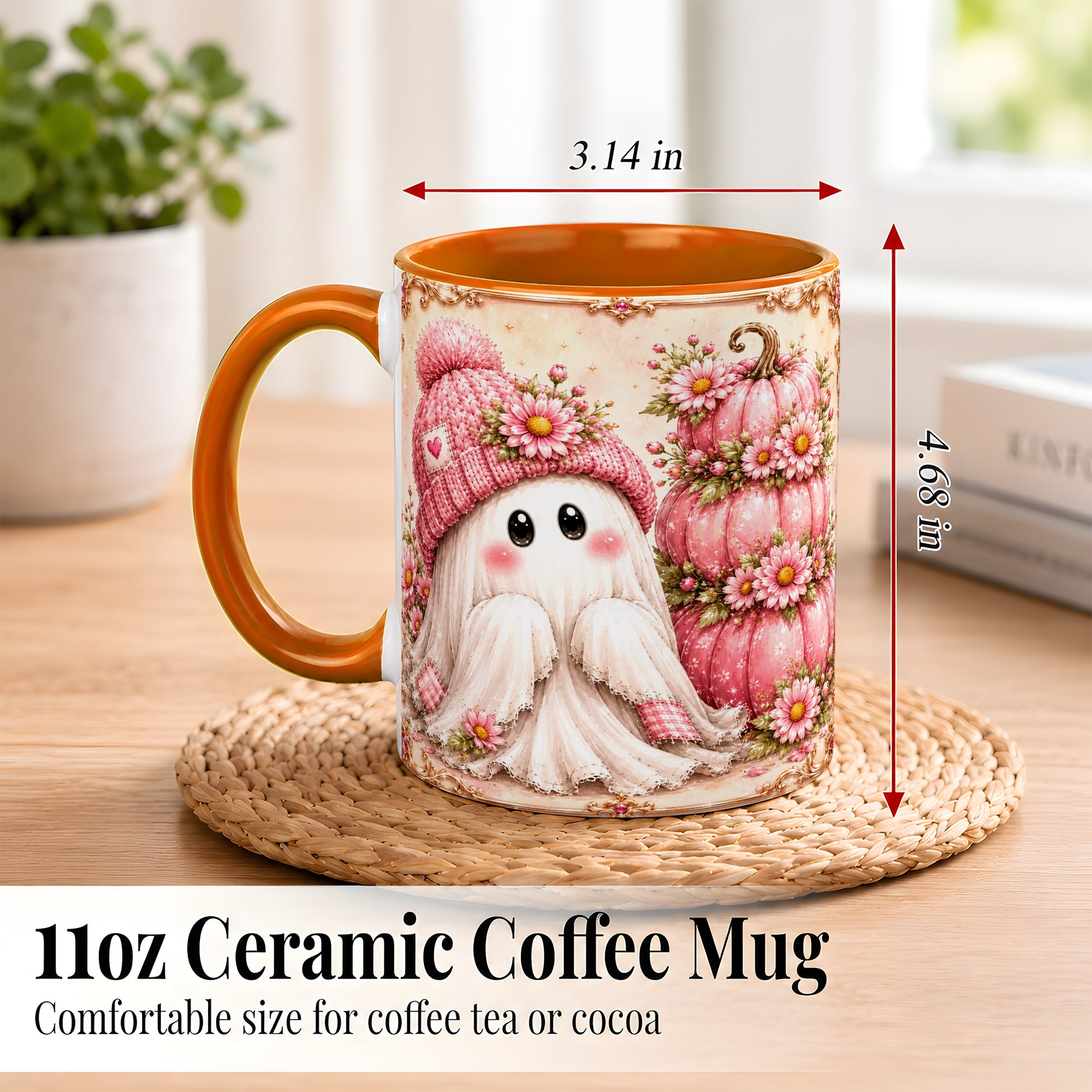 #pl[11oz|Orange] Pink Pumpkin Ghost Coffee Mug, Floral Autumn Mug, Ceramic Cup