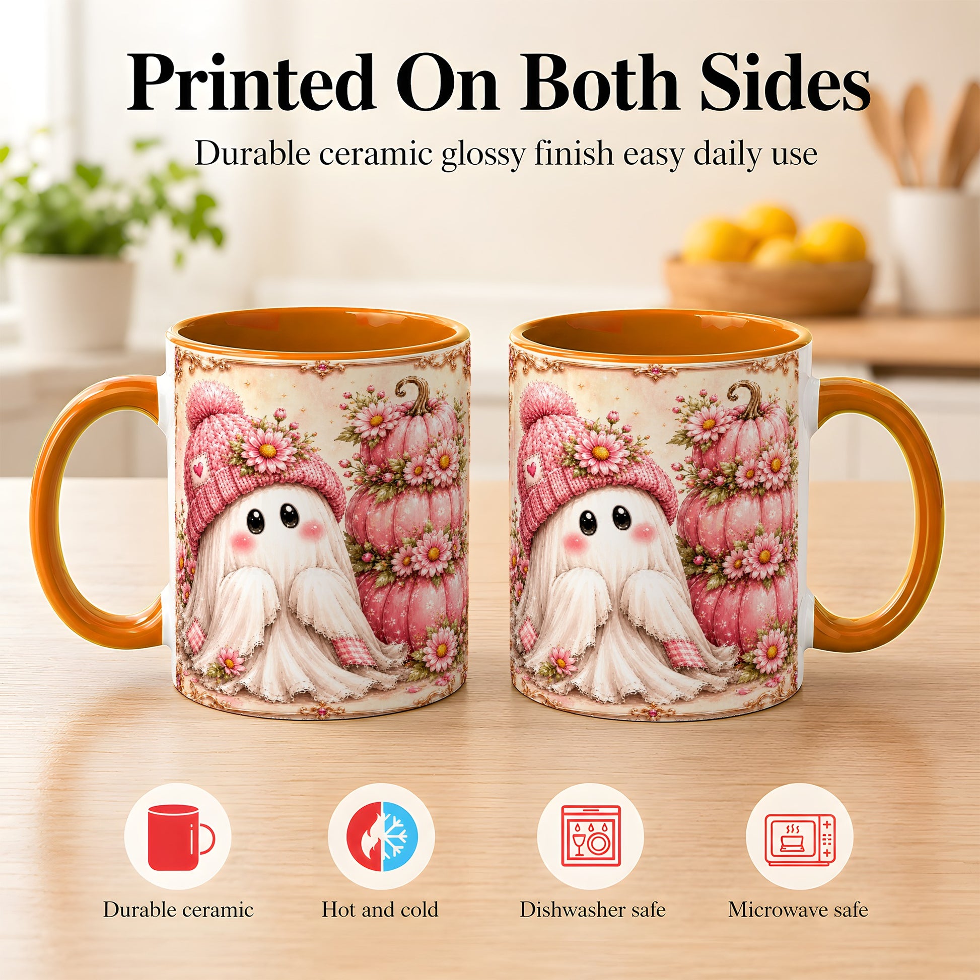 #pl[11oz|Orange] Pink Pumpkin Ghost Coffee Mug, Floral Autumn Mug, Ceramic Cup