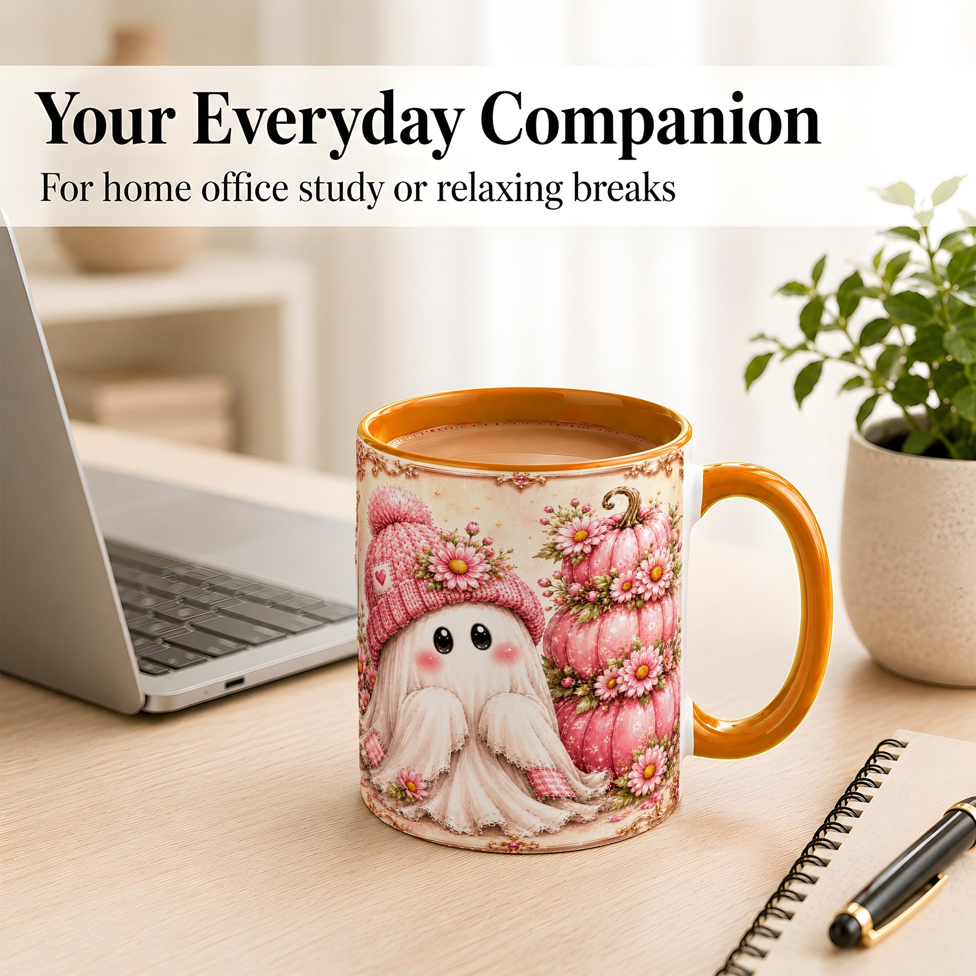 #pl[11oz|Orange] Pink Pumpkin Ghost Coffee Mug, Floral Autumn Mug, Ceramic Cup