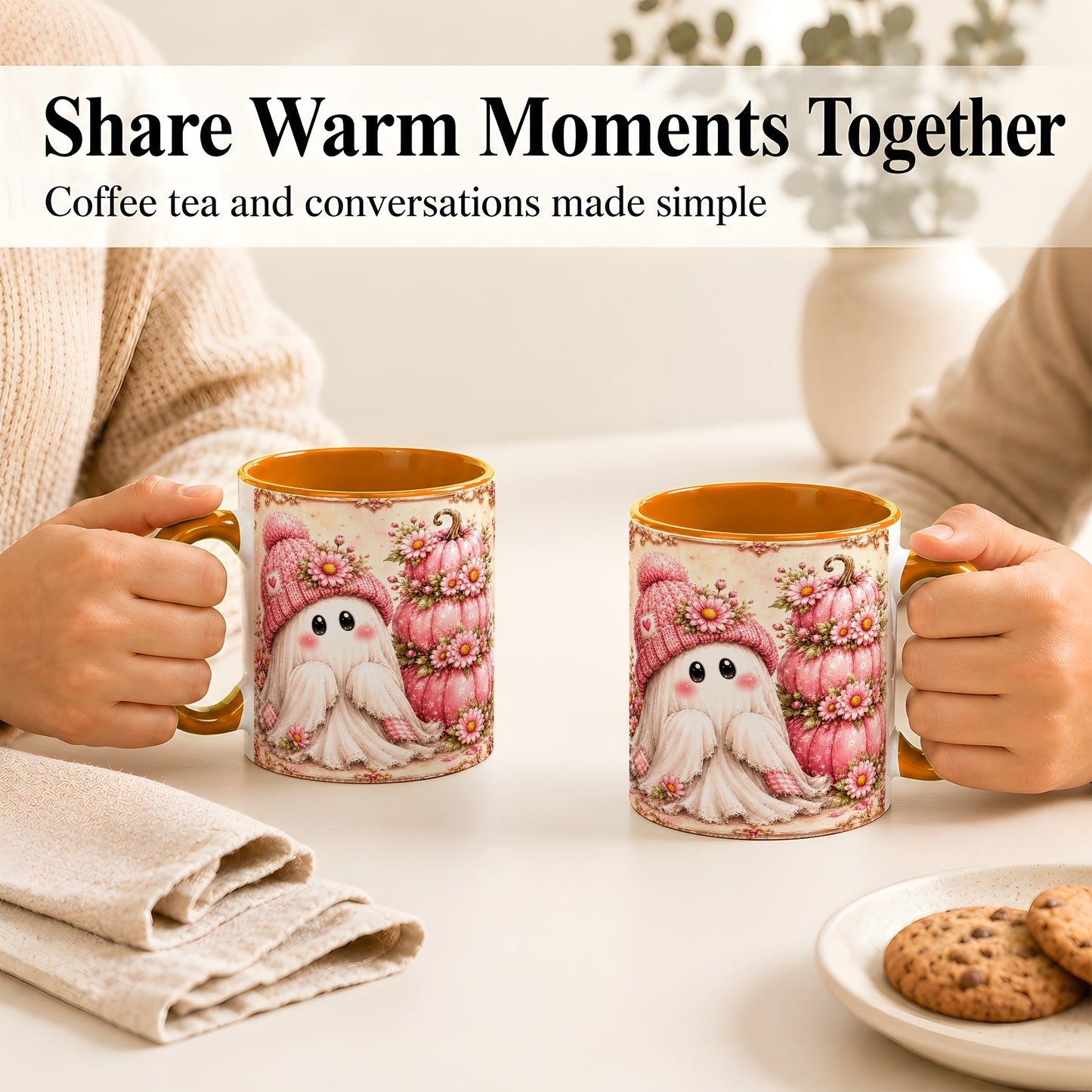 #pl[11oz|Orange] Pink Pumpkin Ghost Coffee Mug, Floral Autumn Mug, Ceramic Cup