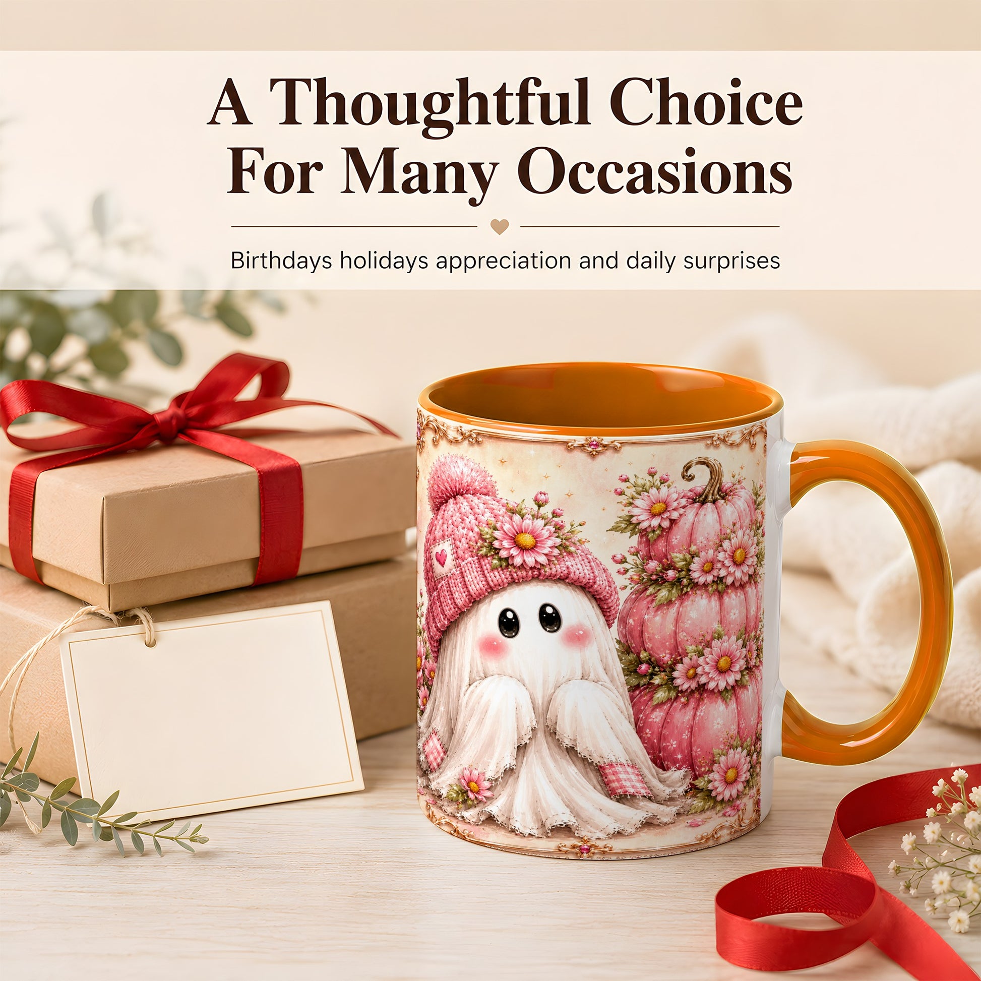 #pl[11oz|Orange] Pink Pumpkin Ghost Coffee Mug, Floral Autumn Mug, Ceramic Cup