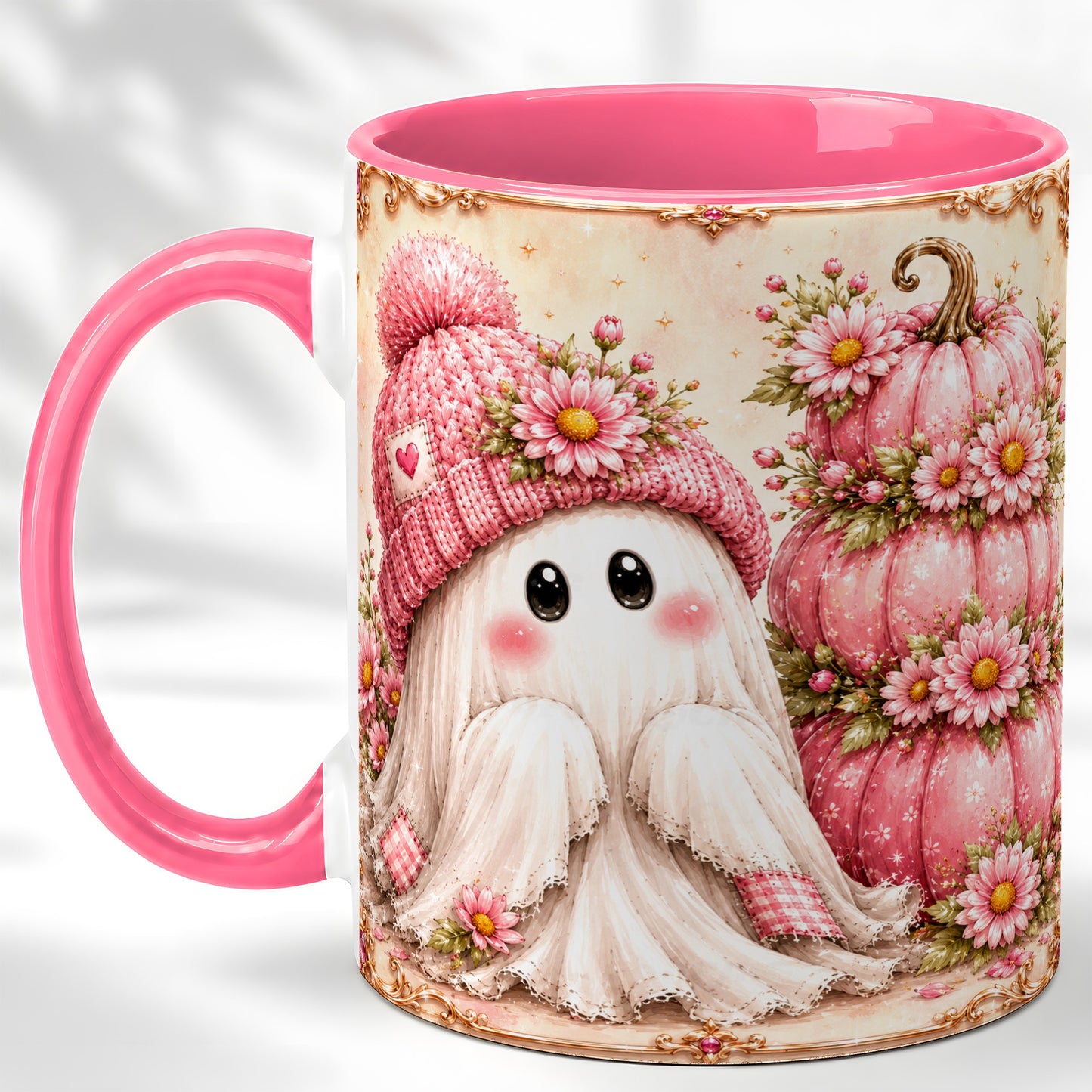#pl[11oz|Pink] Pink Pumpkin Ghost Coffee Mug, Floral Autumn Mug, Ceramic Cup