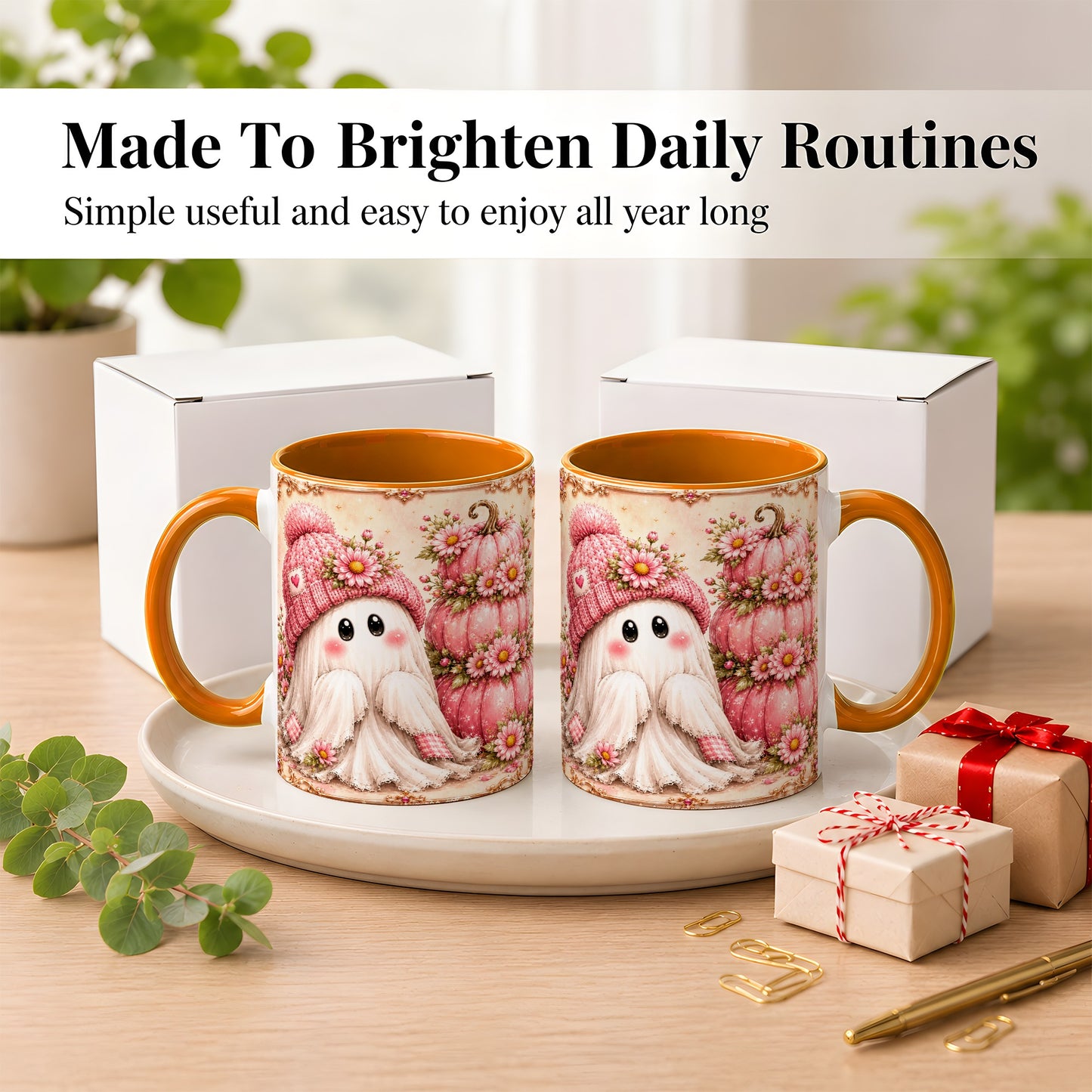#pl[11oz|Orange] Pink Pumpkin Ghost Coffee Mug, Floral Autumn Mug, Ceramic Cup