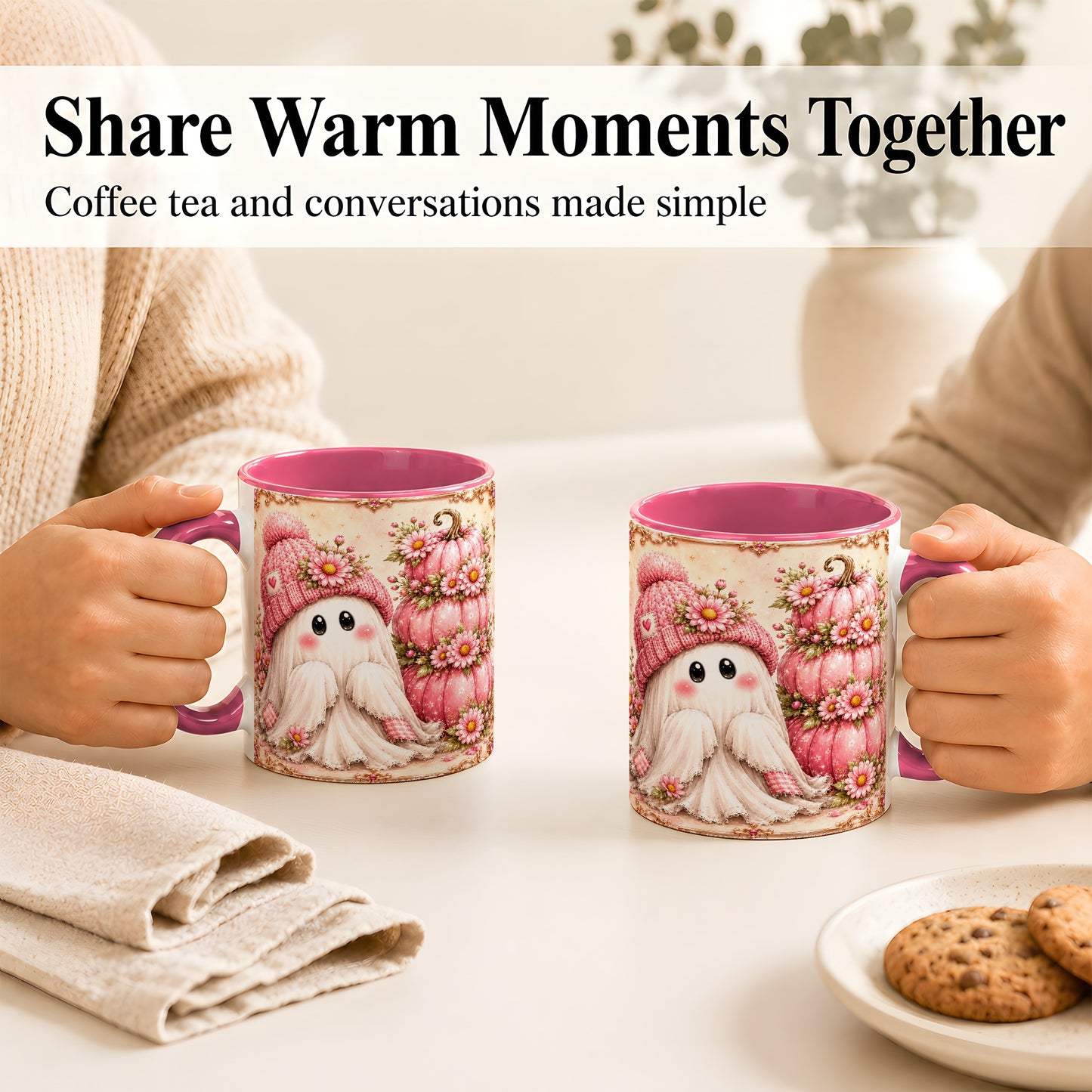 #pl[11oz|Pink] Pink Pumpkin Ghost Coffee Mug, Floral Autumn Mug, Ceramic Cup