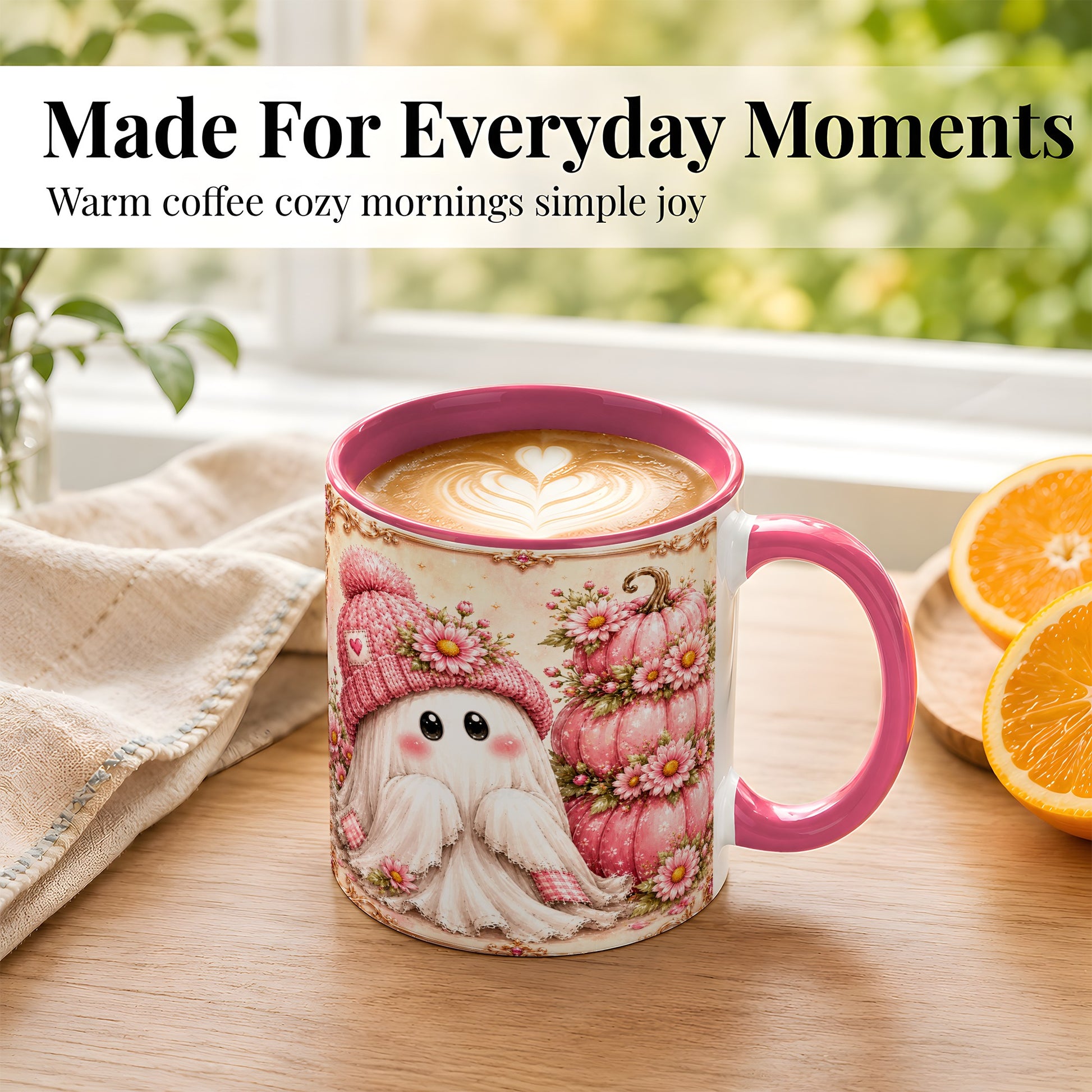 #pl[11oz|Pink] Pink Pumpkin Ghost Coffee Mug, Floral Autumn Mug, Ceramic Cup