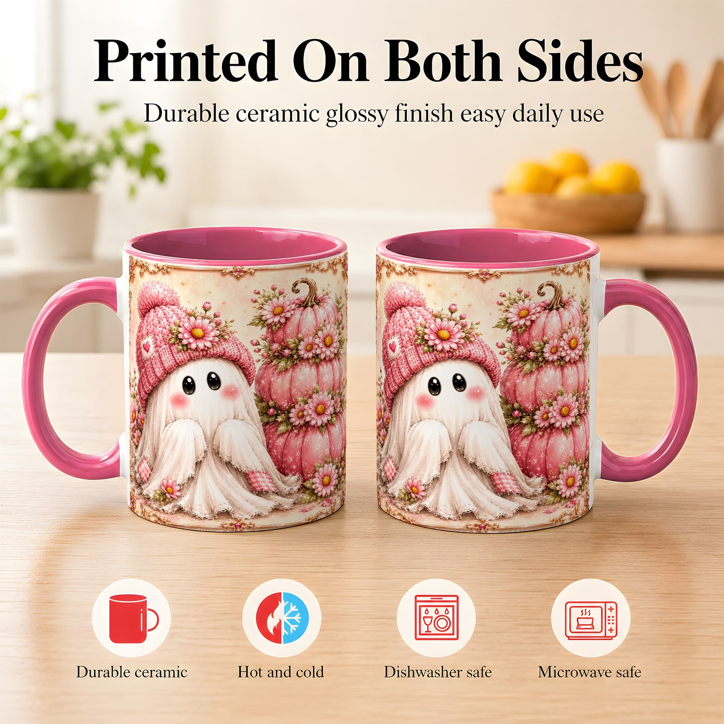 #pl[11oz|Pink] Pink Pumpkin Ghost Coffee Mug, Floral Autumn Mug, Ceramic Cup