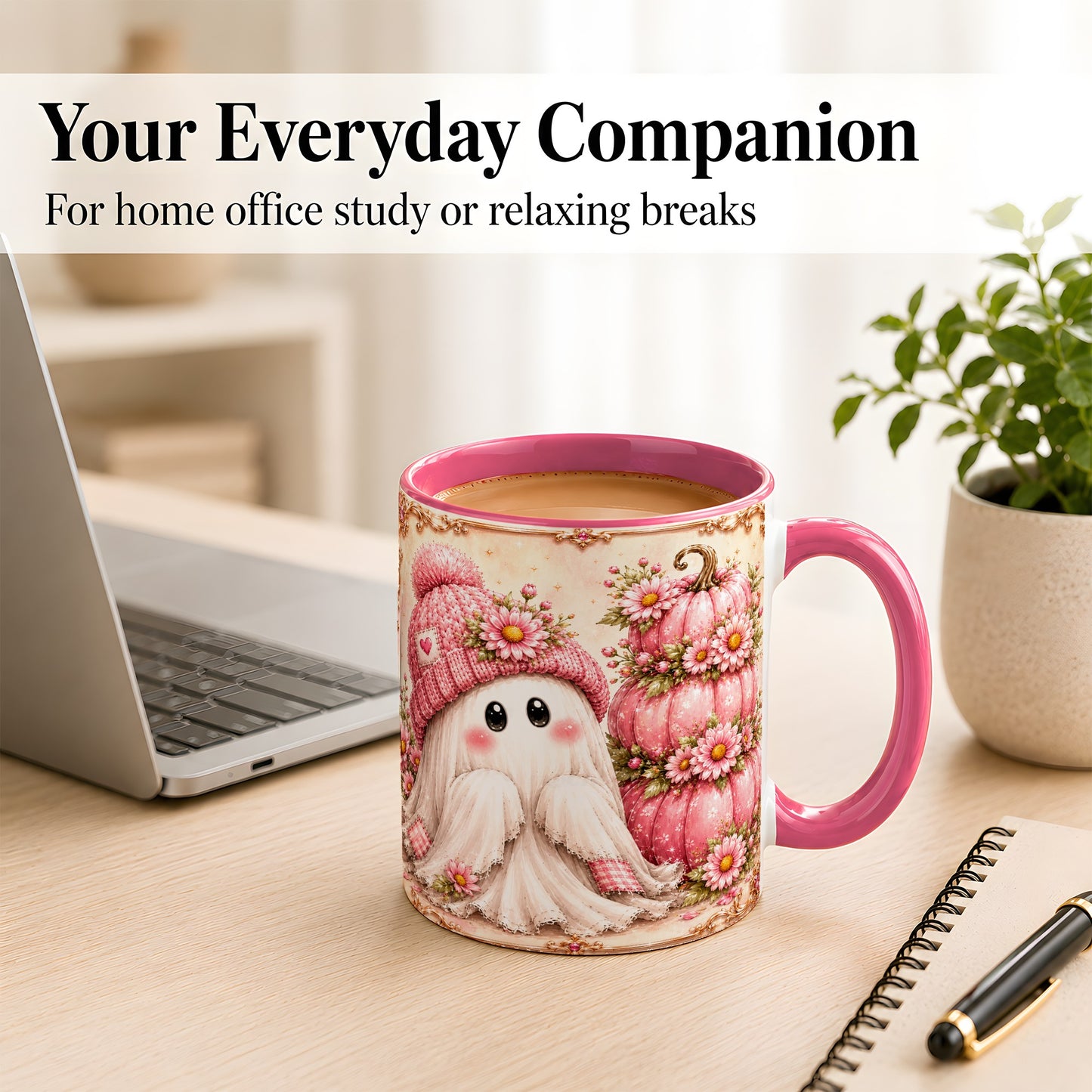 #pl[11oz|Pink] Pink Pumpkin Ghost Coffee Mug, Floral Autumn Mug, Ceramic Cup