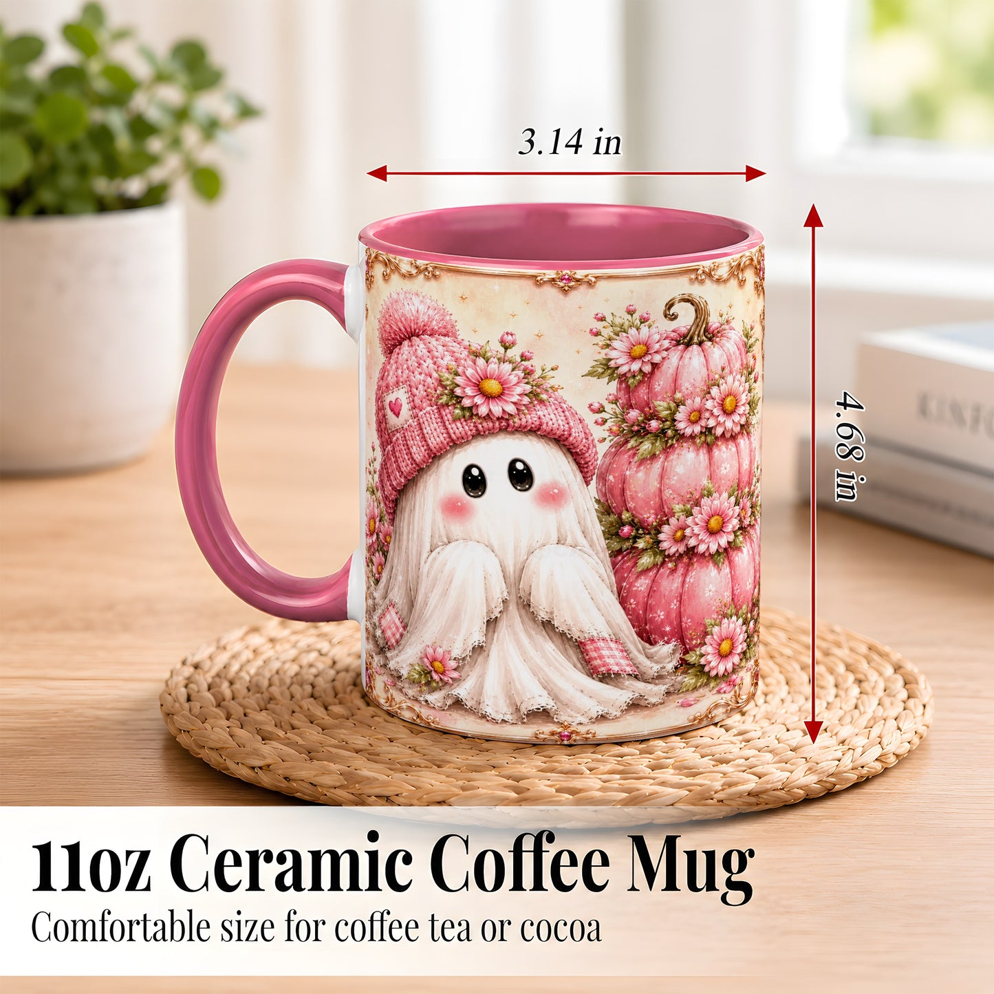 #pl[11oz|Pink] Pink Pumpkin Ghost Coffee Mug, Floral Autumn Mug, Ceramic Cup