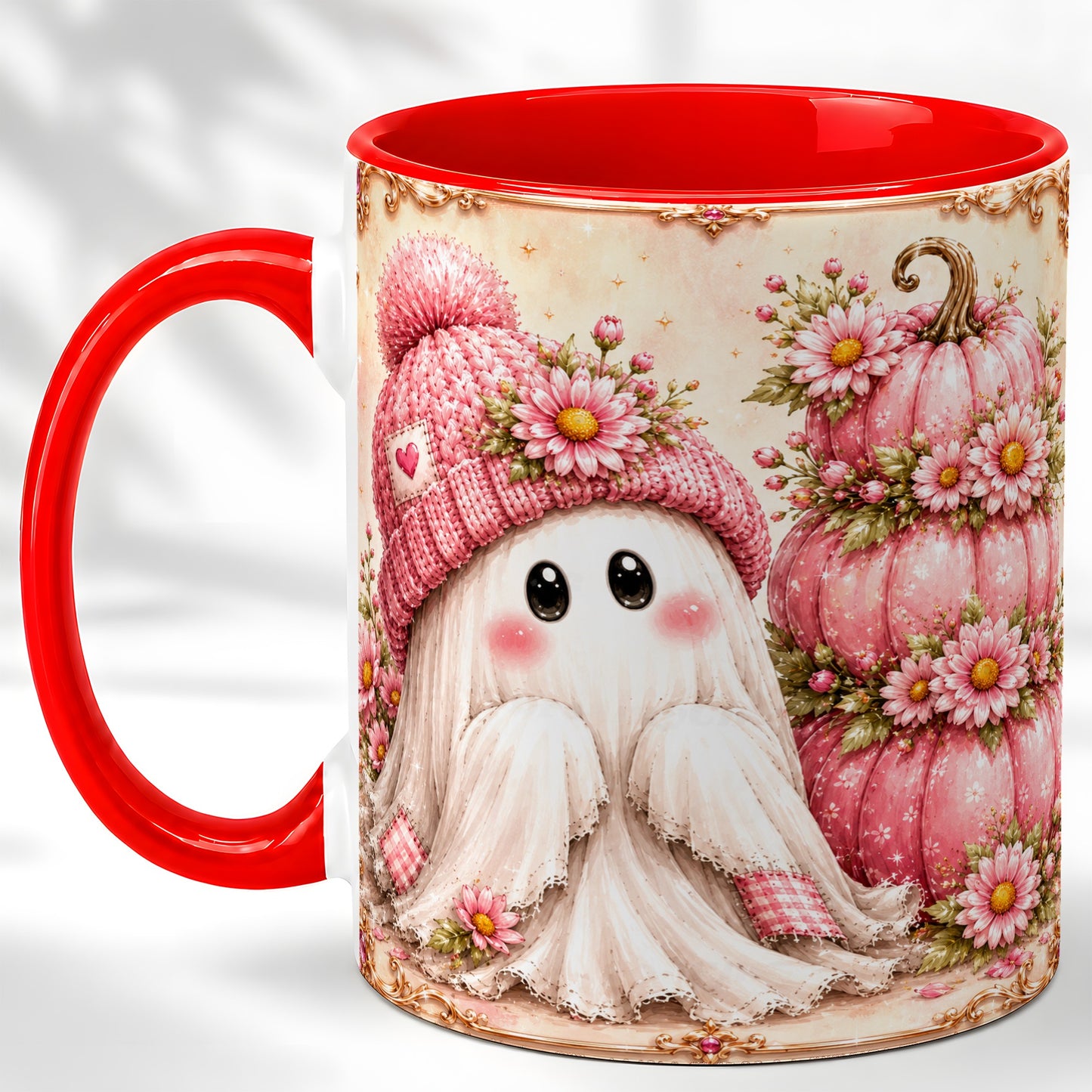 #pl[11oz|Red] Pink Pumpkin Ghost Coffee Mug, Floral Autumn Mug, Ceramic Cup