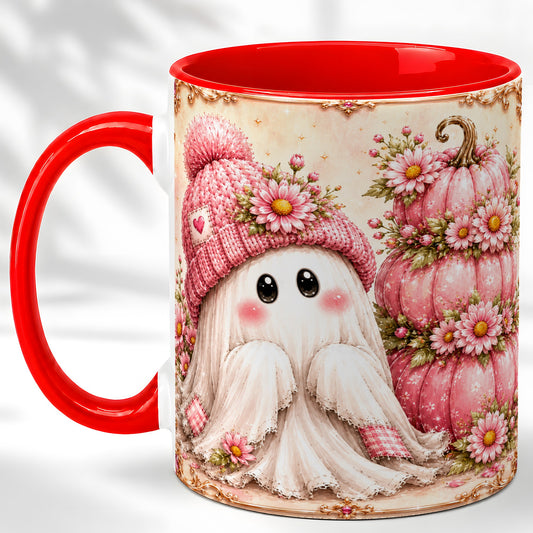 #pl[11oz|Red] Pink Pumpkin Ghost Coffee Mug, Floral Autumn Mug, Ceramic Cup