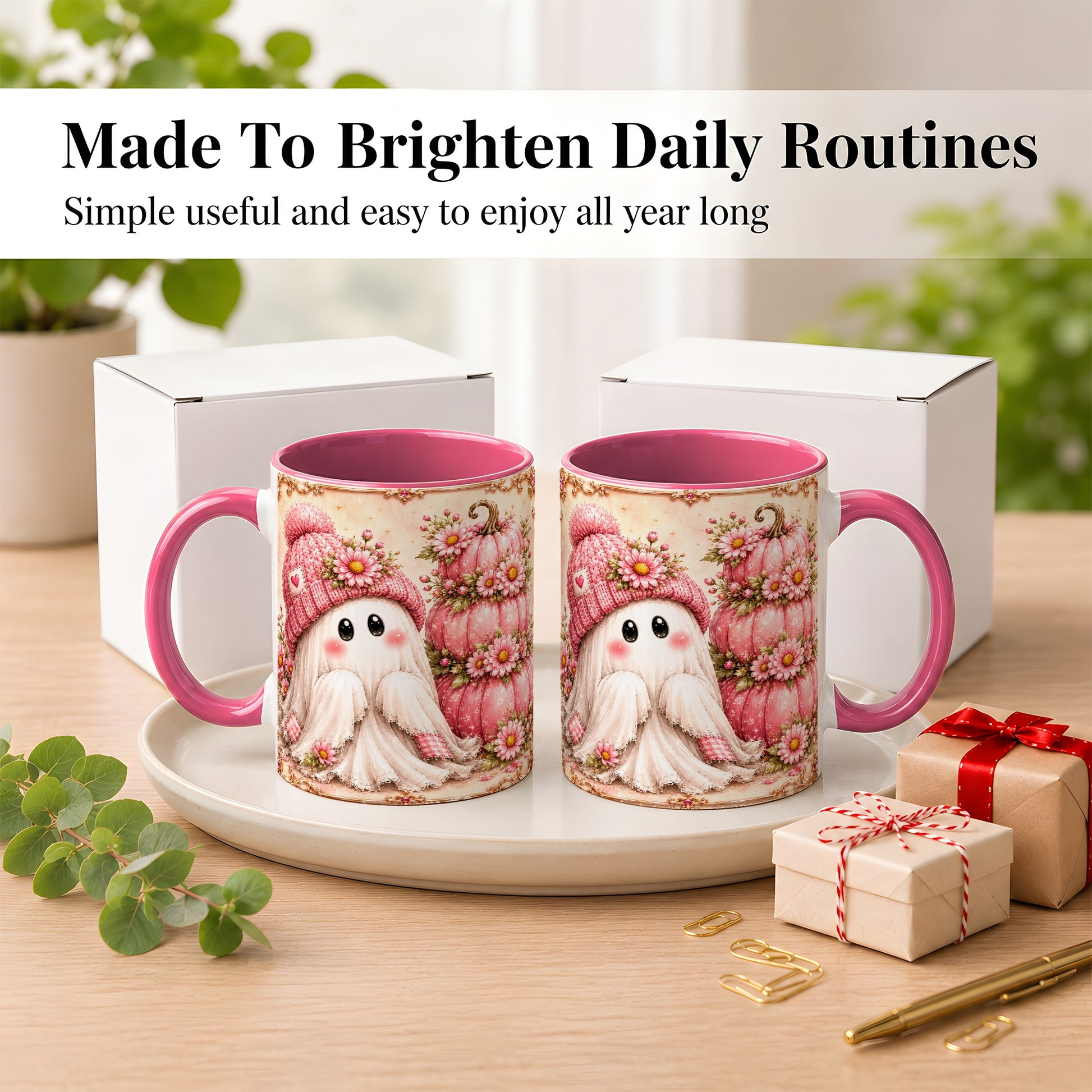 #pl[11oz|Pink] Pink Pumpkin Ghost Coffee Mug, Floral Autumn Mug, Ceramic Cup