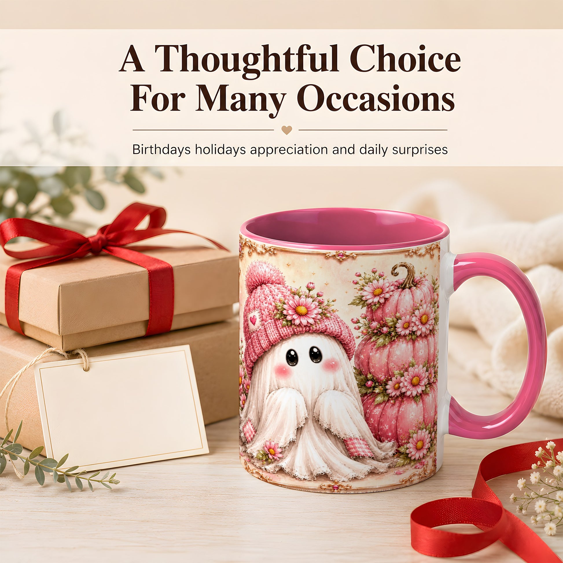 #pl[11oz|Pink] Pink Pumpkin Ghost Coffee Mug, Floral Autumn Mug, Ceramic Cup
