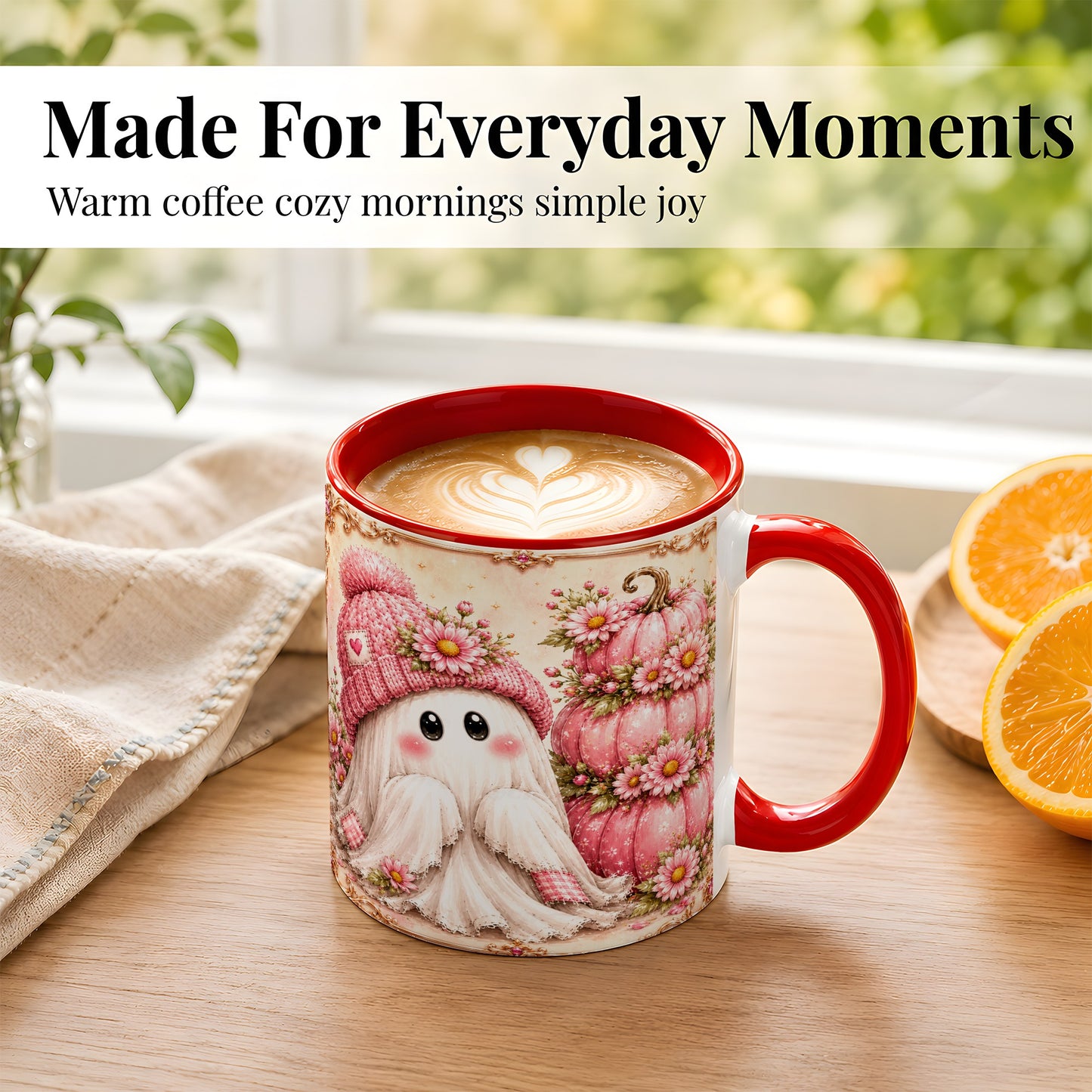 #pl[11oz|Red] Pink Pumpkin Ghost Coffee Mug, Floral Autumn Mug, Ceramic Cup