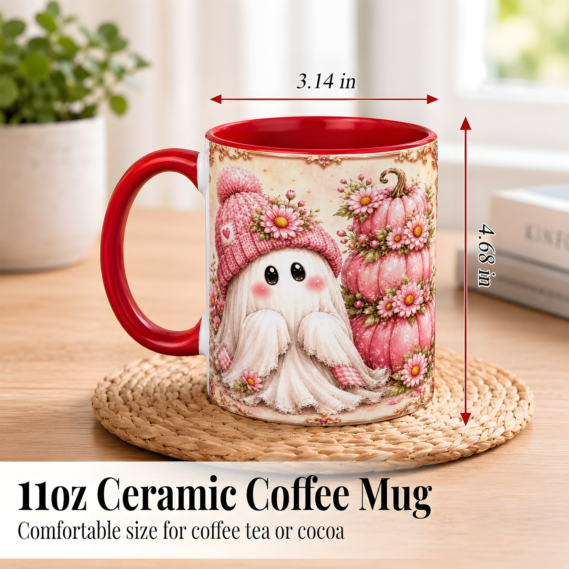 #pl[11oz|Red] Pink Pumpkin Ghost Coffee Mug, Floral Autumn Mug, Ceramic Cup