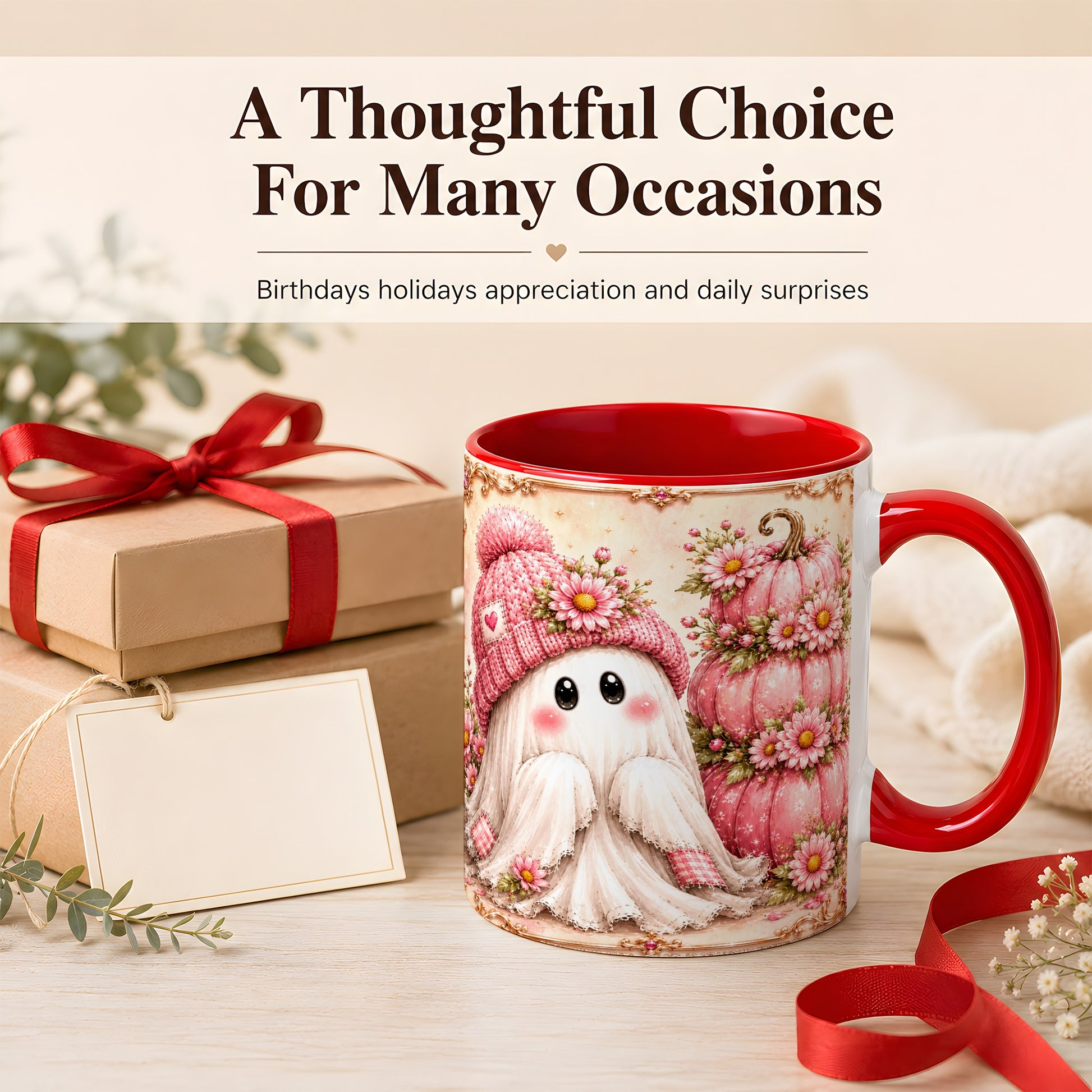 #pl[11oz|Red] Pink Pumpkin Ghost Coffee Mug, Floral Autumn Mug, Ceramic Cup