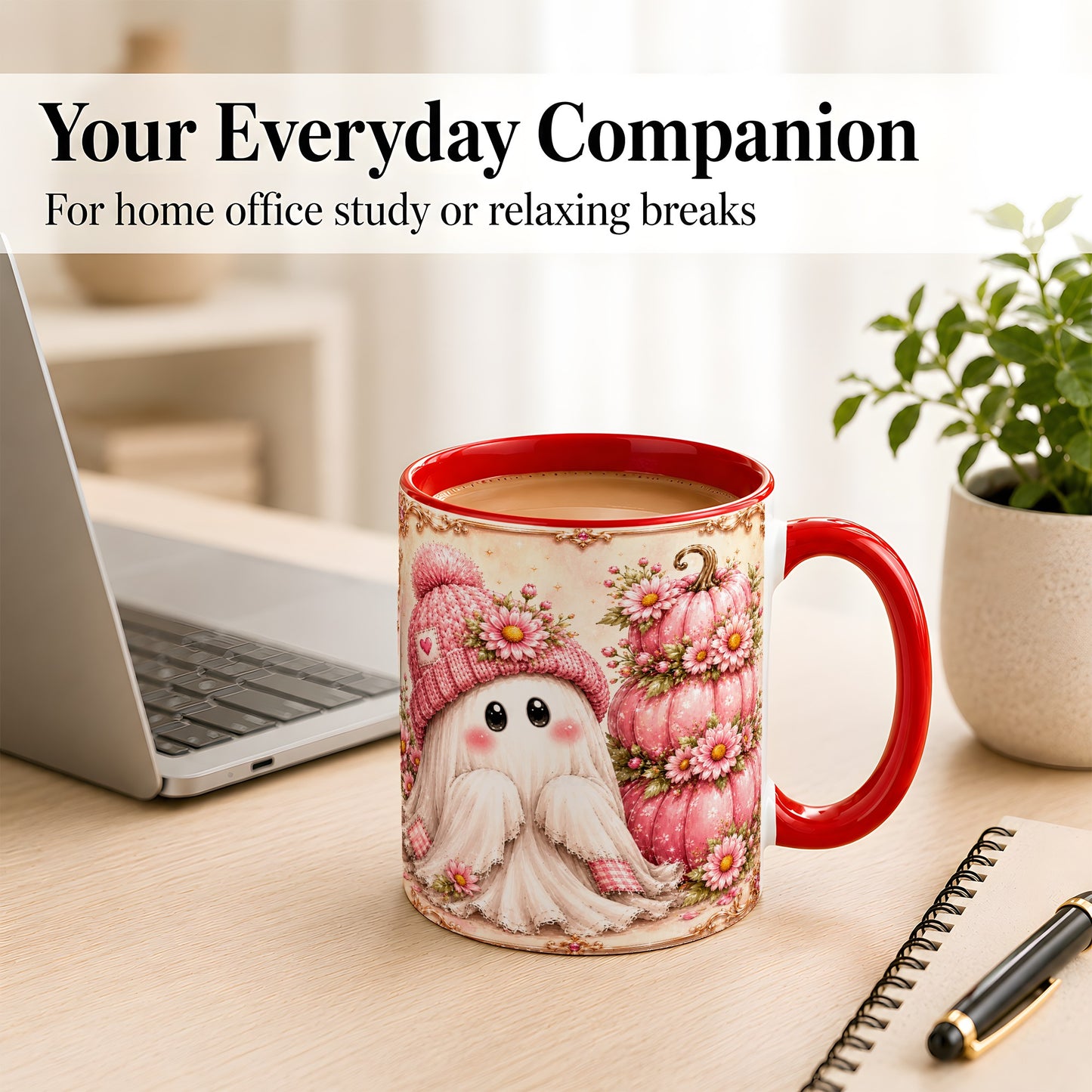 #pl[11oz|Red] Pink Pumpkin Ghost Coffee Mug, Floral Autumn Mug, Ceramic Cup