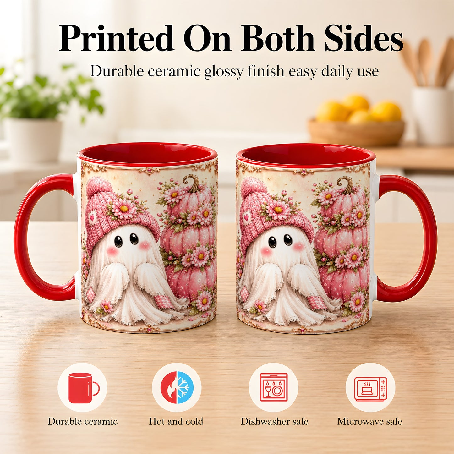 #pl[11oz|Red] Pink Pumpkin Ghost Coffee Mug, Floral Autumn Mug, Ceramic Cup