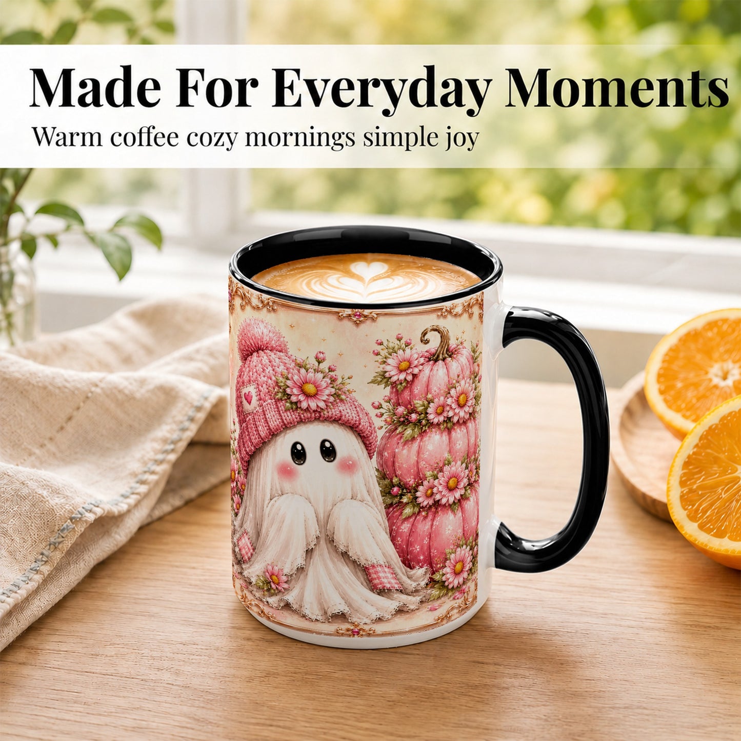 #pl[15oz|Black] Pink Pumpkin Ghost Coffee Mug, Floral Autumn Mug, Ceramic Cup