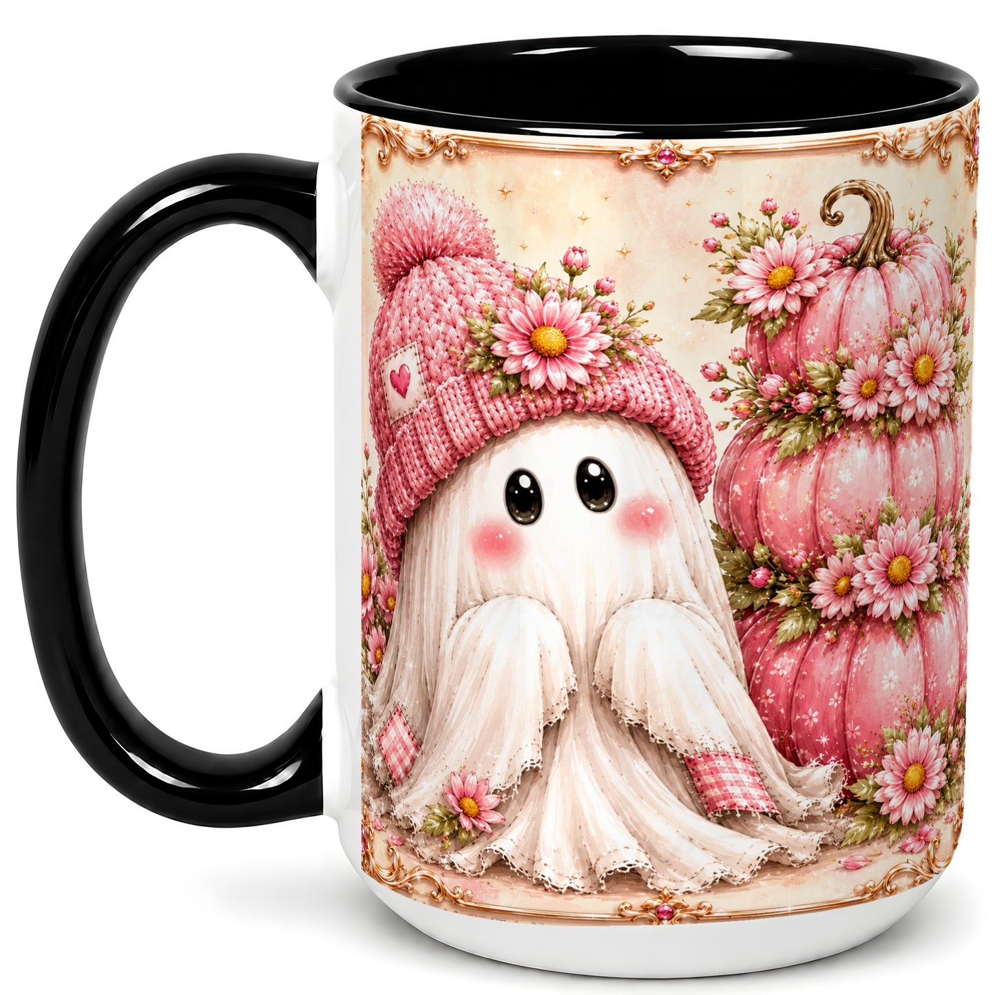 #pl[15oz|Black] Pink Pumpkin Ghost Coffee Mug, Floral Autumn Mug, Ceramic Cup