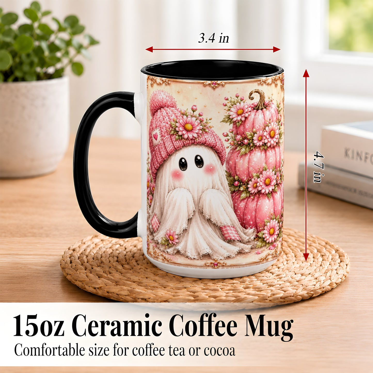 #pl[15oz|Black] Pink Pumpkin Ghost Coffee Mug, Floral Autumn Mug, Ceramic Cup