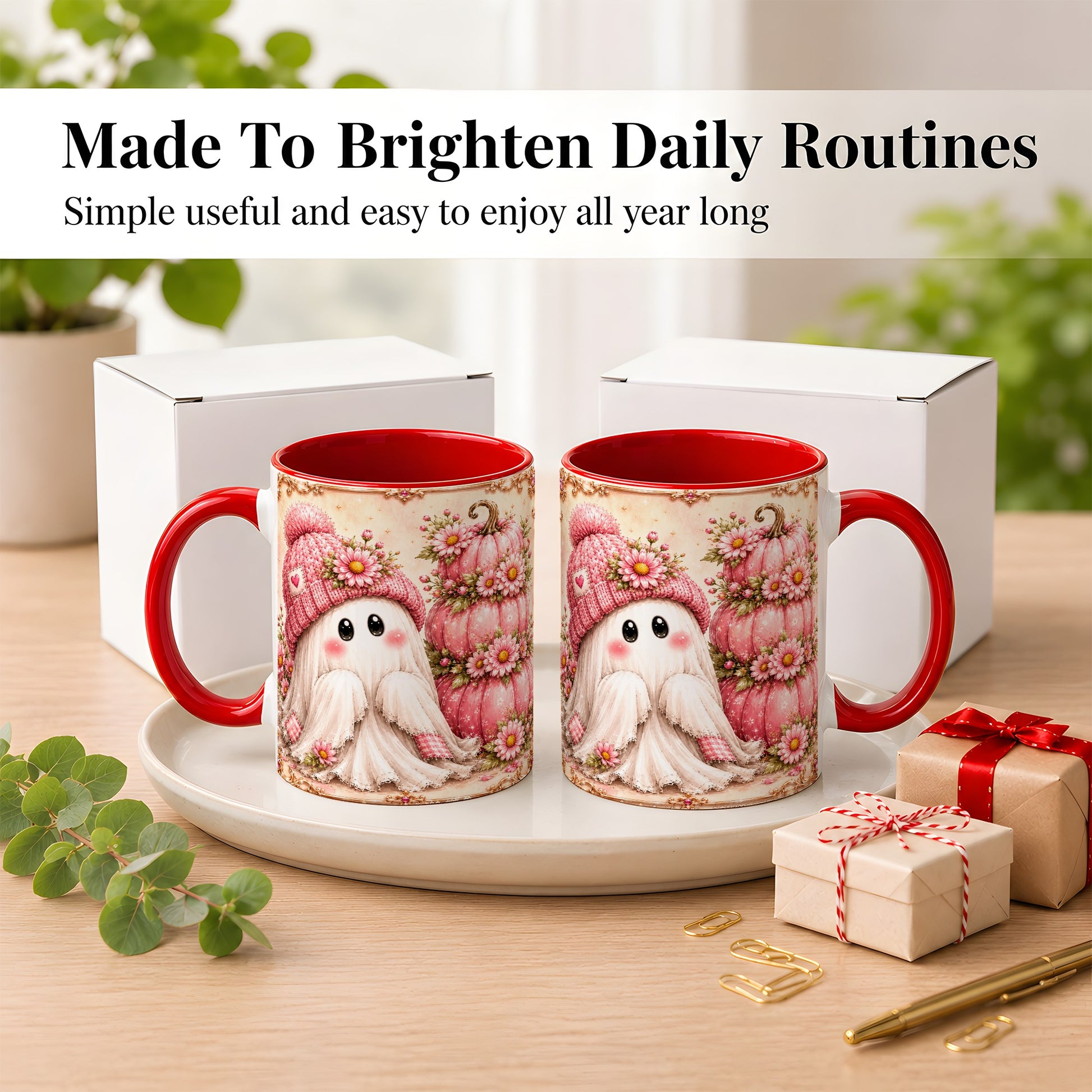 #pl[11oz|Red] Pink Pumpkin Ghost Coffee Mug, Floral Autumn Mug, Ceramic Cup