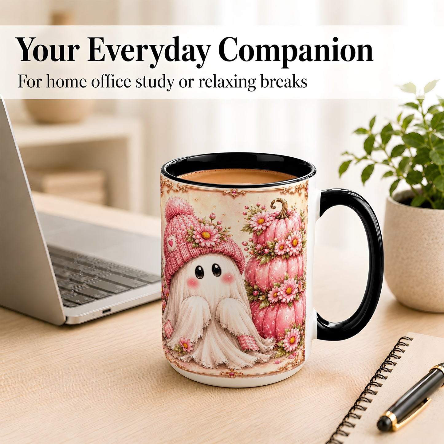 #pl[15oz|Black] Pink Pumpkin Ghost Coffee Mug, Floral Autumn Mug, Ceramic Cup