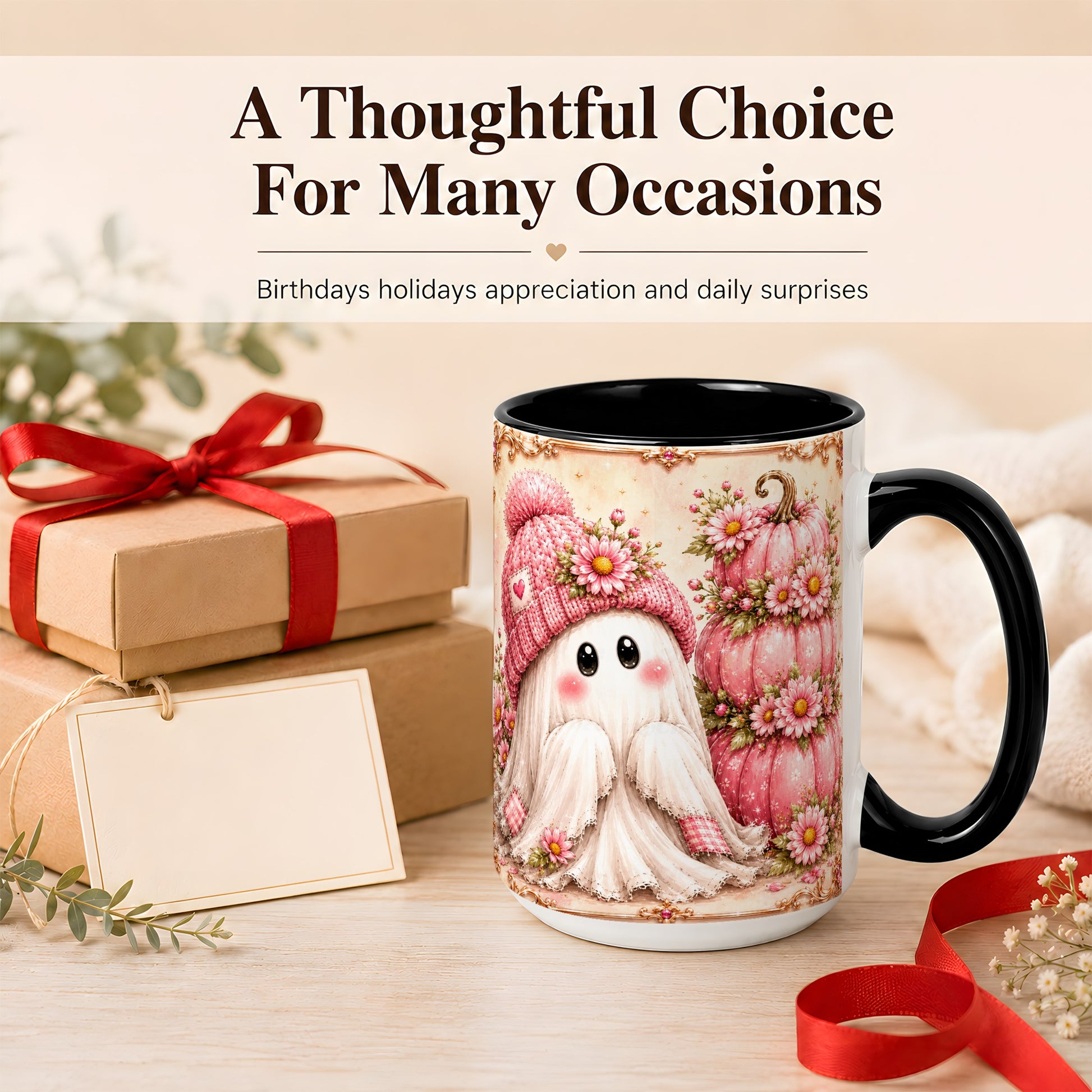 #pl[15oz|Black] Pink Pumpkin Ghost Coffee Mug, Floral Autumn Mug, Ceramic Cup