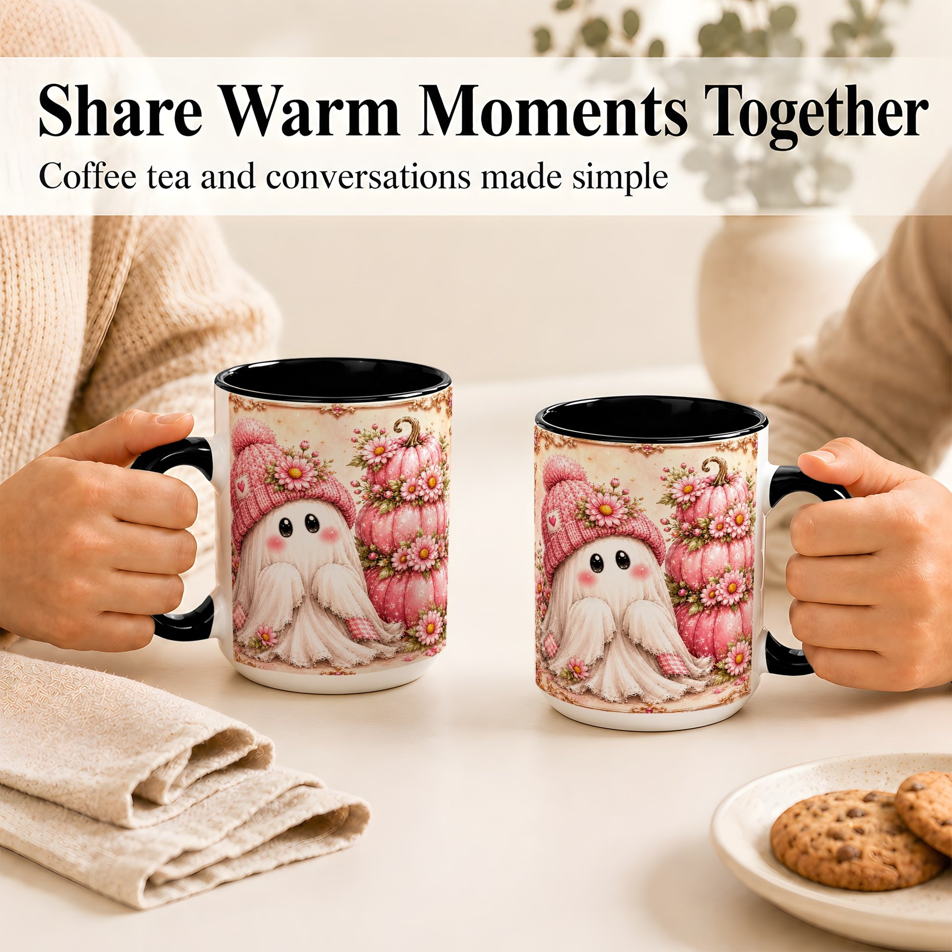 #pl[15oz|Black] Pink Pumpkin Ghost Coffee Mug, Floral Autumn Mug, Ceramic Cup