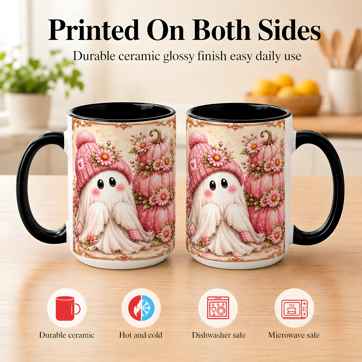 #pl[15oz|Black] Pink Pumpkin Ghost Coffee Mug, Floral Autumn Mug, Ceramic Cup
