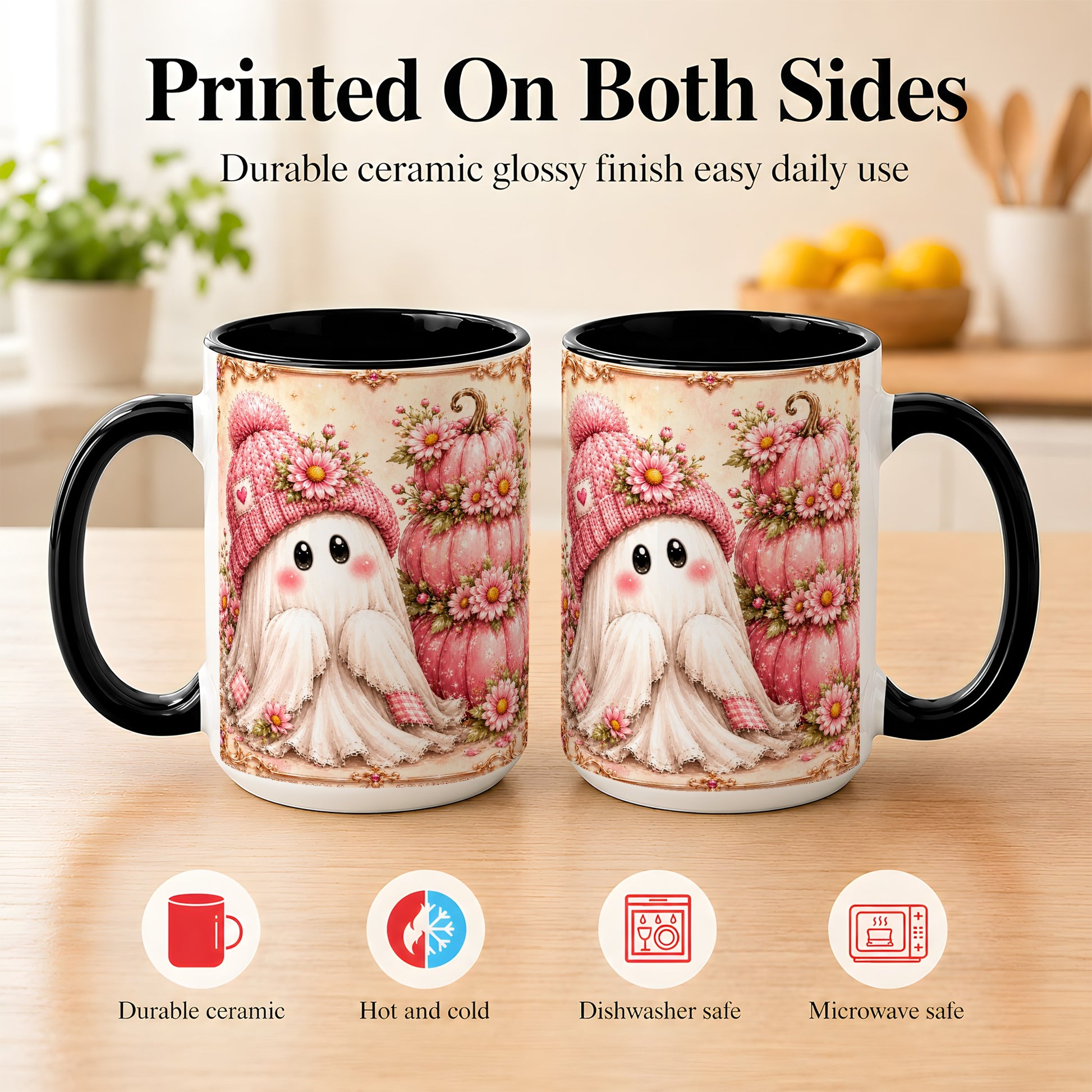 #pl[15oz|Black] Pink Pumpkin Ghost Coffee Mug, Floral Autumn Mug, Ceramic Cup