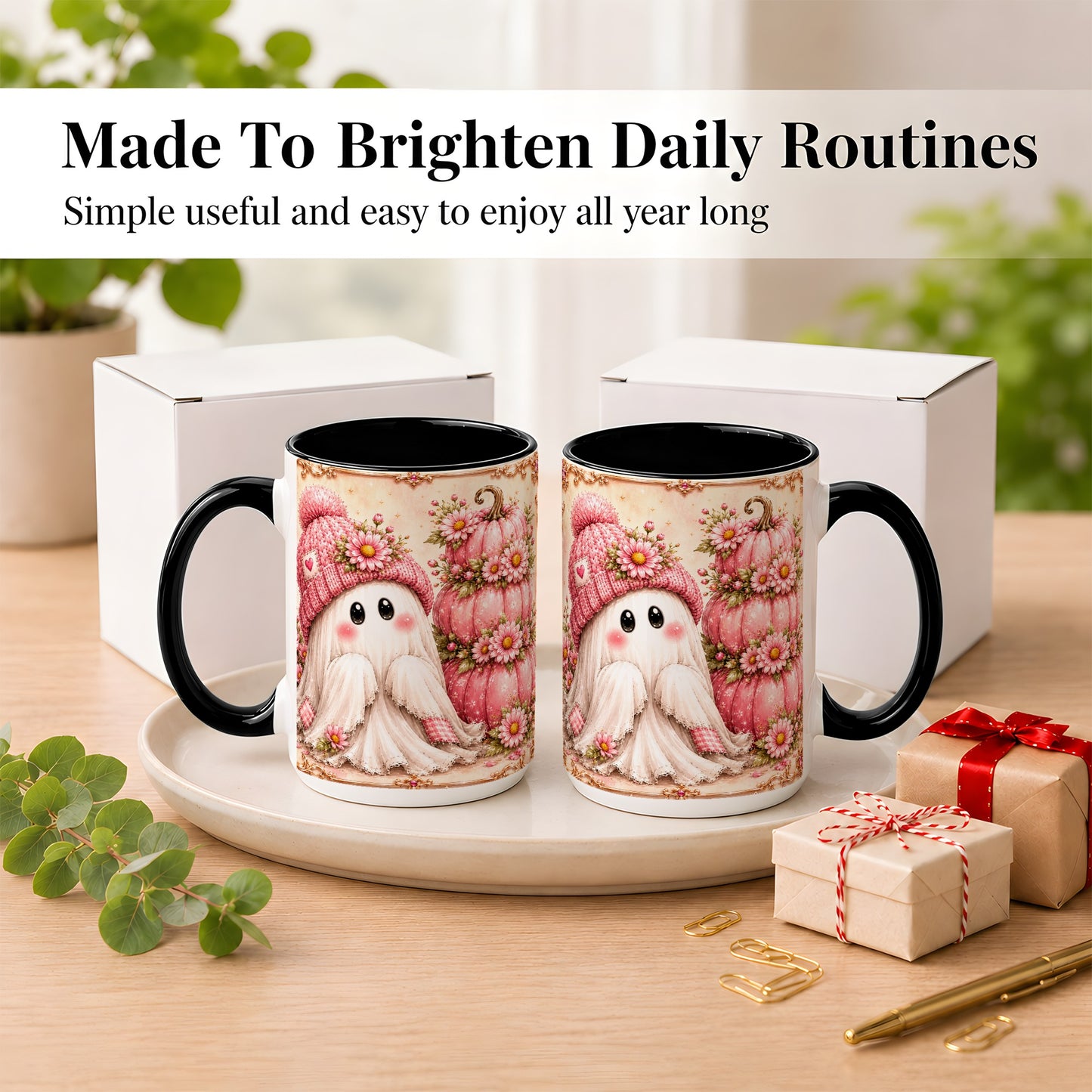 #pl[15oz|Black] Pink Pumpkin Ghost Coffee Mug, Floral Autumn Mug, Ceramic Cup