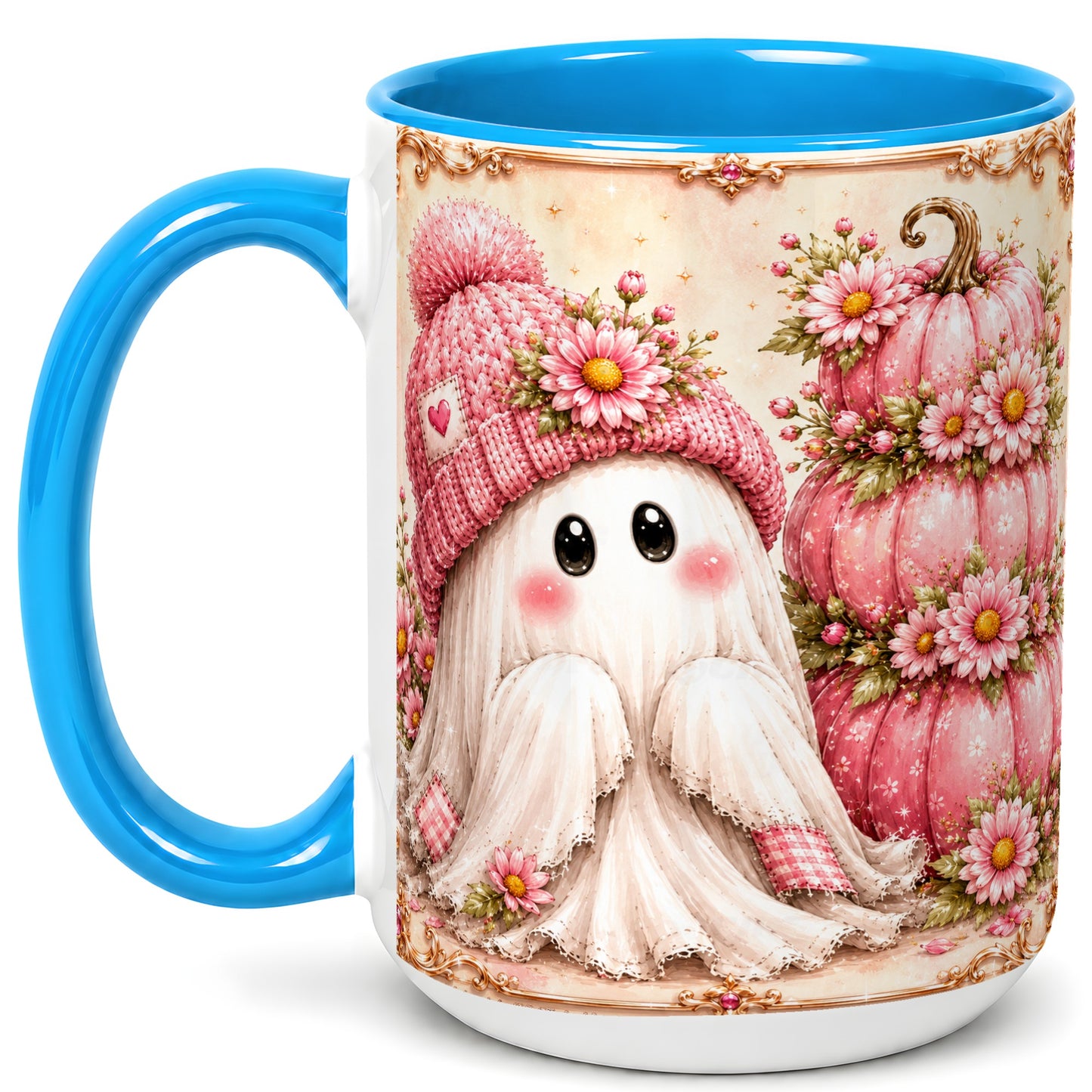 #pl[15oz|Blue] Pink Pumpkin Ghost Coffee Mug, Floral Autumn Mug, Ceramic Cup
