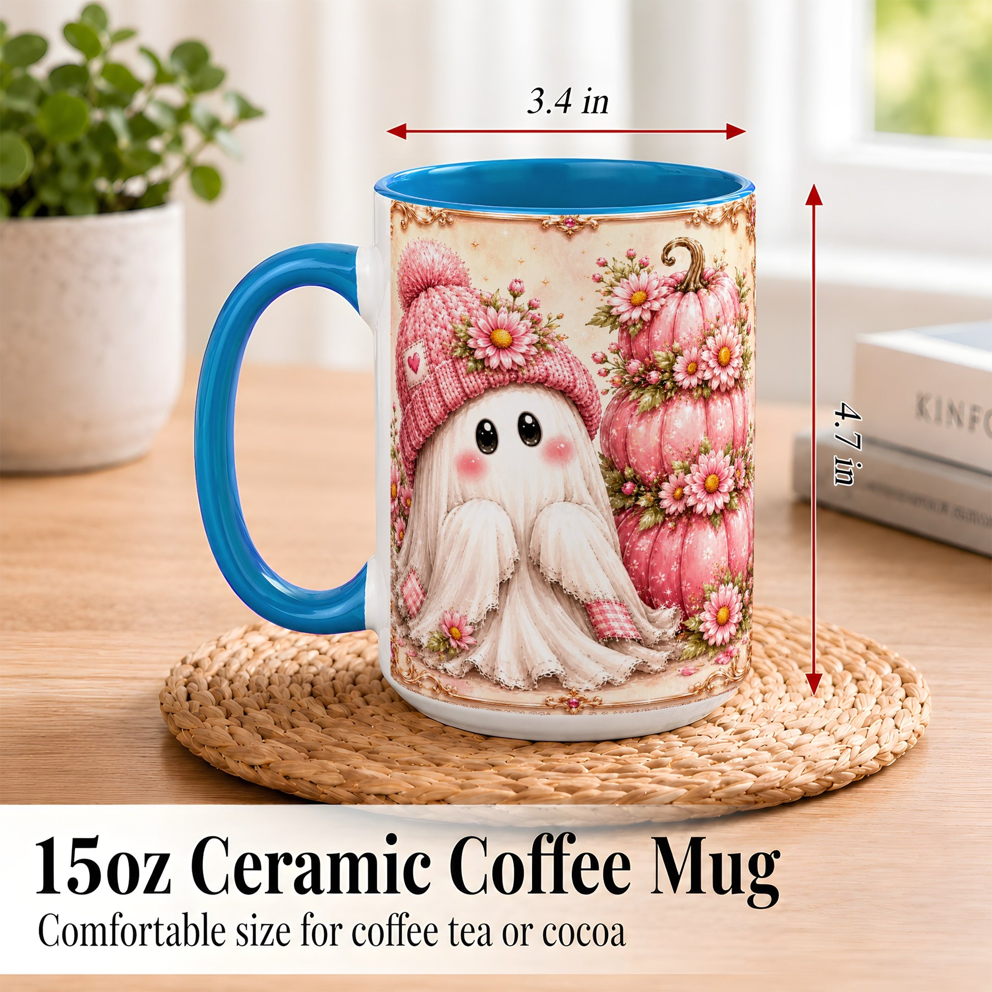 #pl[15oz|Blue] Pink Pumpkin Ghost Coffee Mug, Floral Autumn Mug, Ceramic Cup