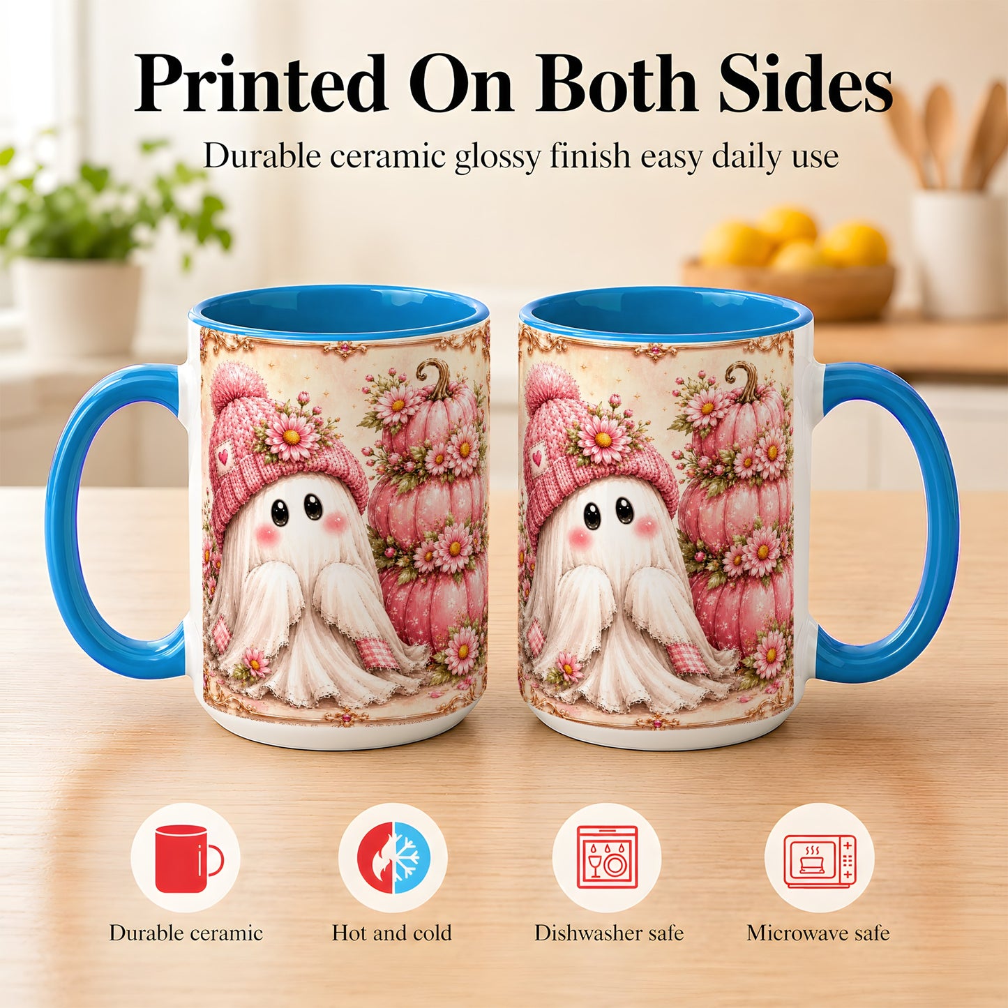 #pl[15oz|Blue] Pink Pumpkin Ghost Coffee Mug, Floral Autumn Mug, Ceramic Cup