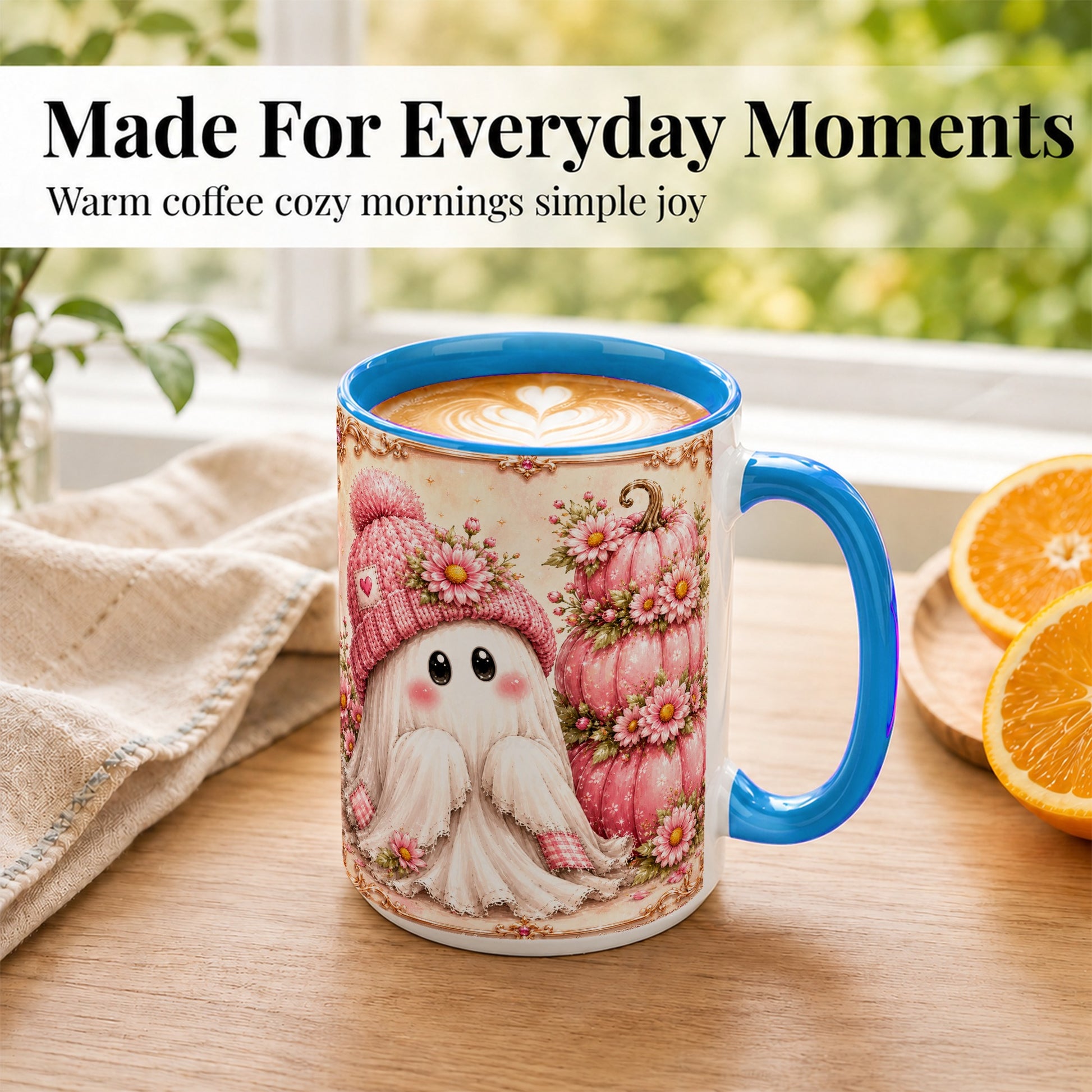 #pl[15oz|Blue] Pink Pumpkin Ghost Coffee Mug, Floral Autumn Mug, Ceramic Cup