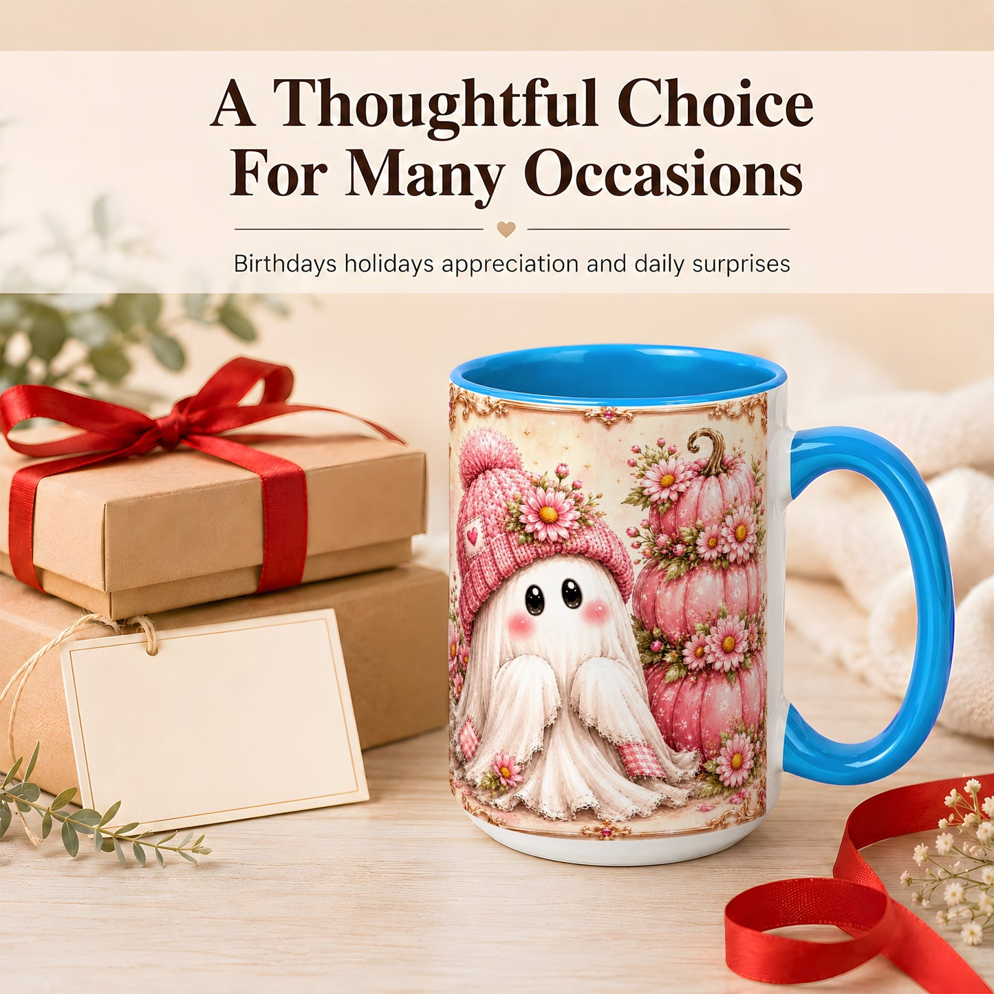 #pl[15oz|Blue] Pink Pumpkin Ghost Coffee Mug, Floral Autumn Mug, Ceramic Cup