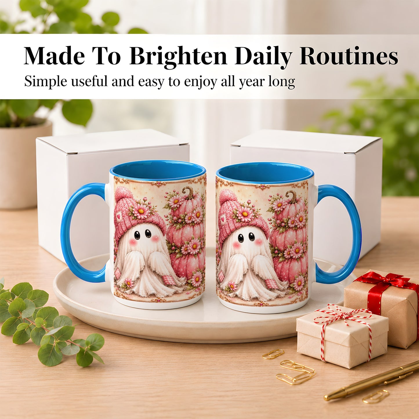 #pl[15oz|Blue] Pink Pumpkin Ghost Coffee Mug, Floral Autumn Mug, Ceramic Cup