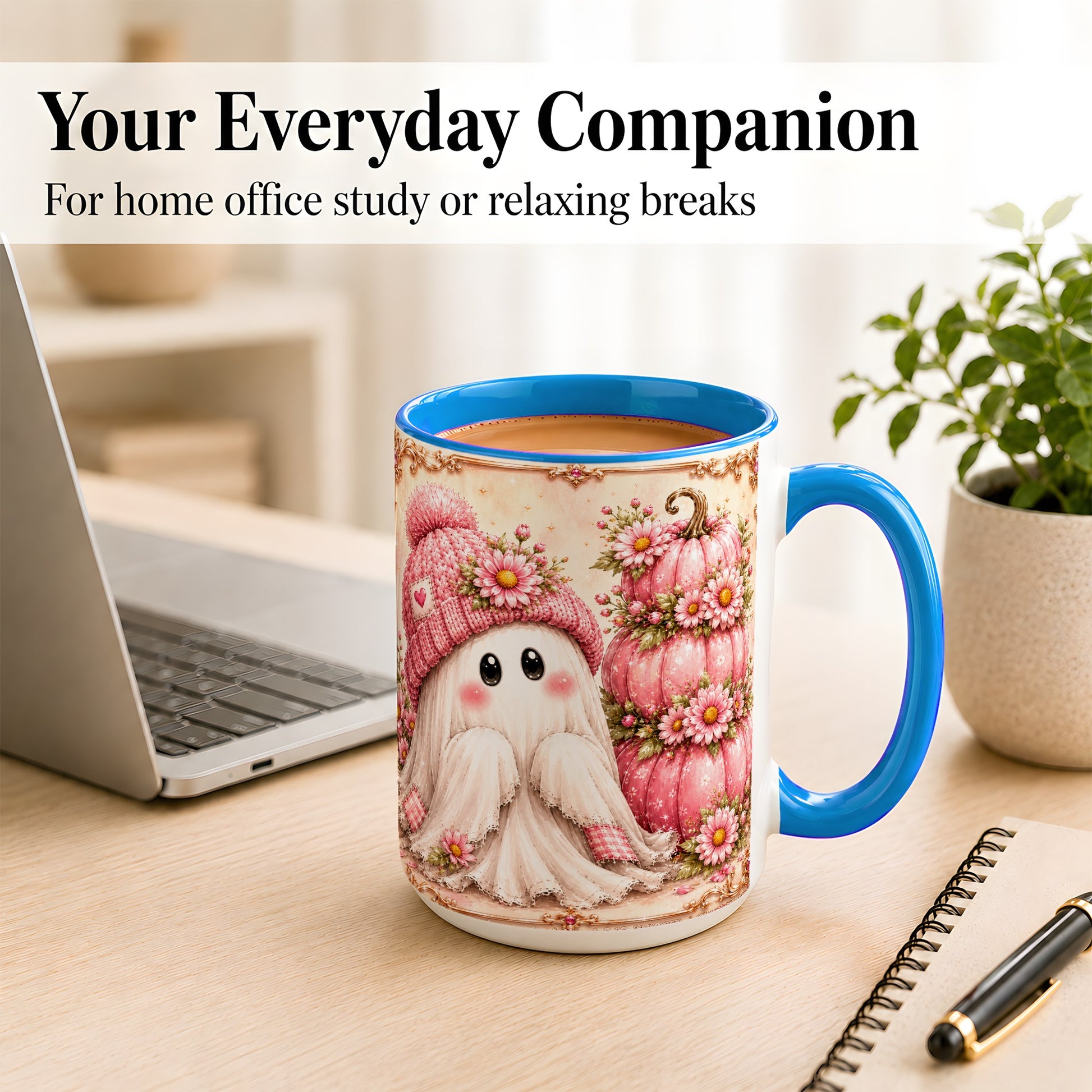 #pl[15oz|Blue] Pink Pumpkin Ghost Coffee Mug, Floral Autumn Mug, Ceramic Cup