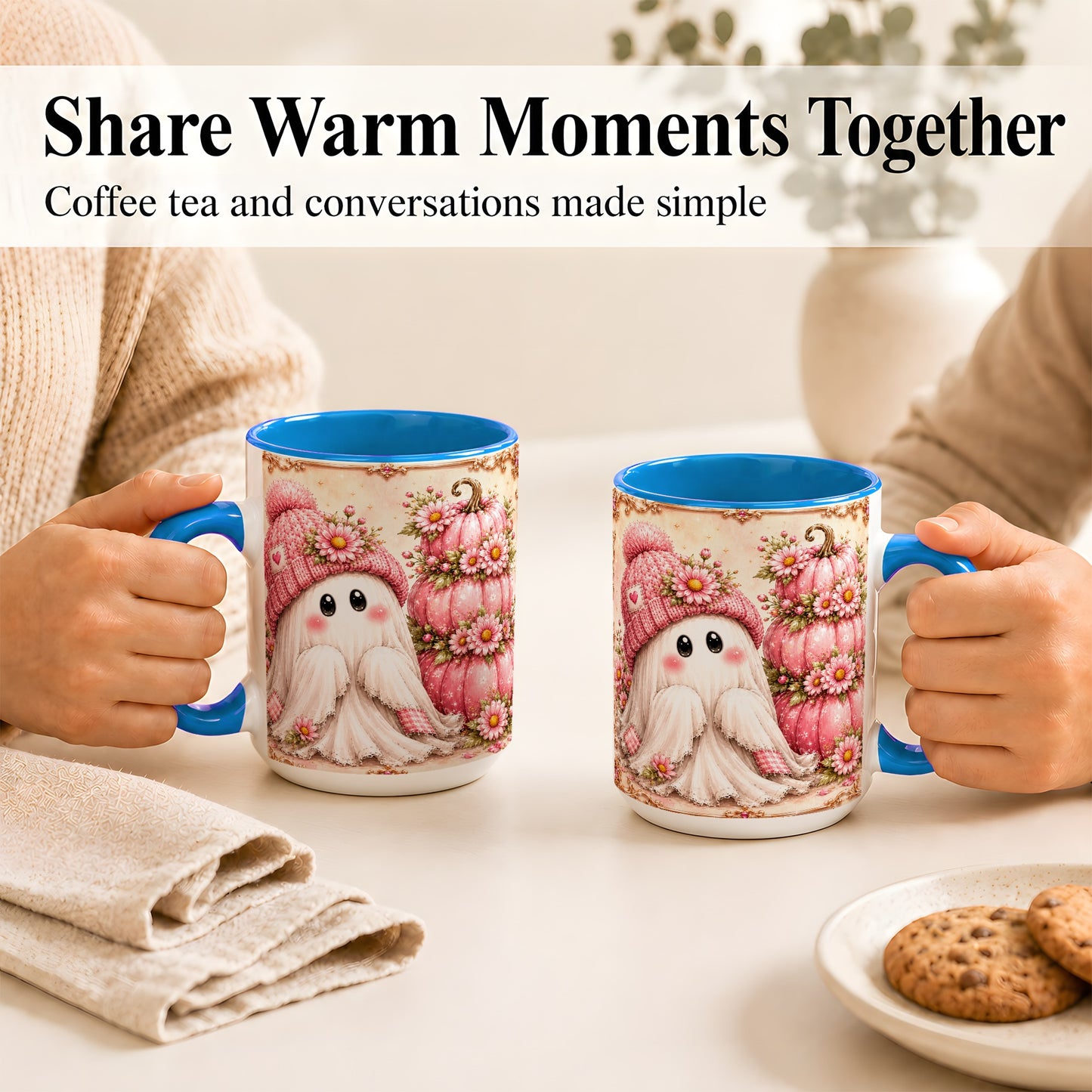 #pl[15oz|Blue] Pink Pumpkin Ghost Coffee Mug, Floral Autumn Mug, Ceramic Cup