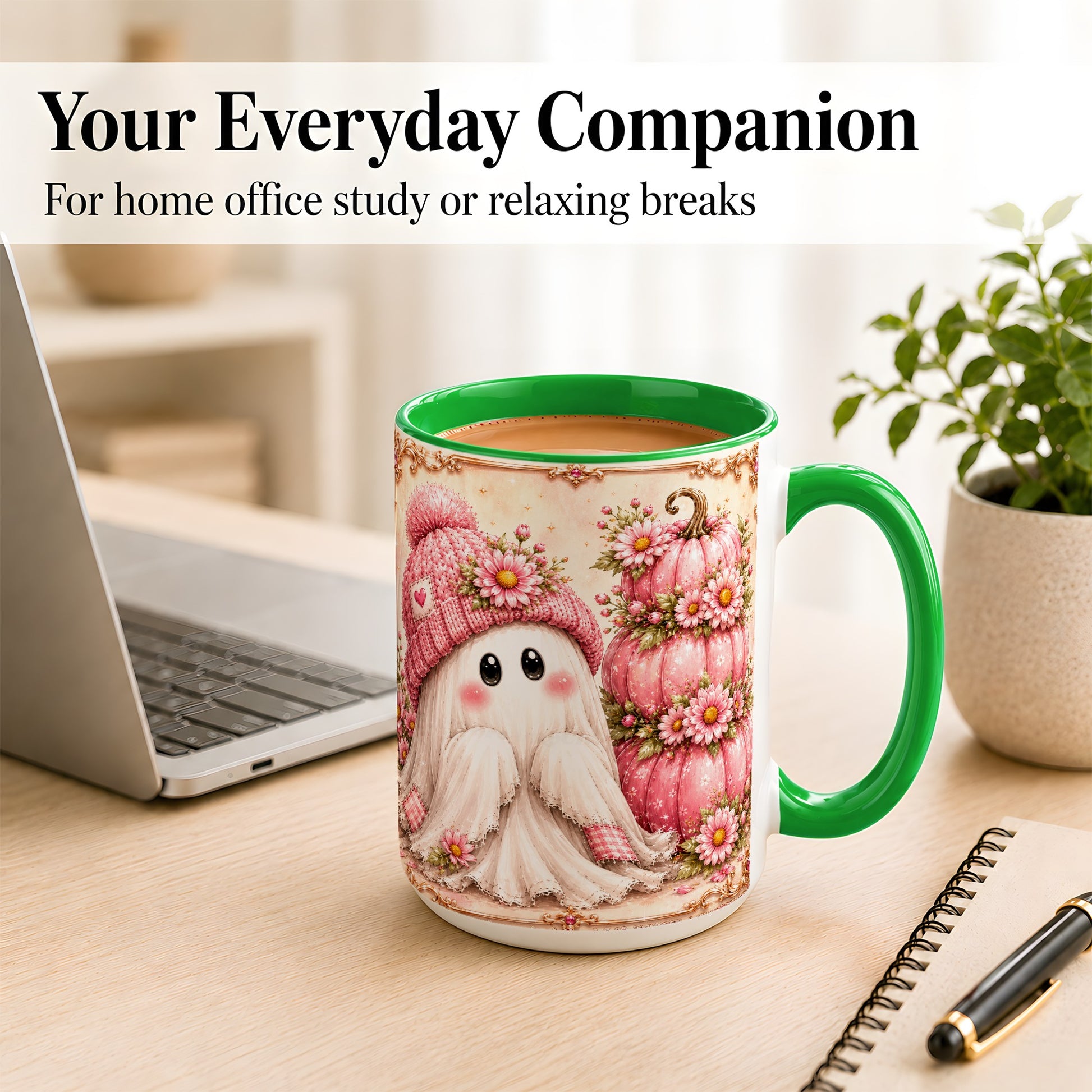#pl[15oz|Green] Pink Pumpkin Ghost Coffee Mug, Floral Autumn Mug, Ceramic Cup
