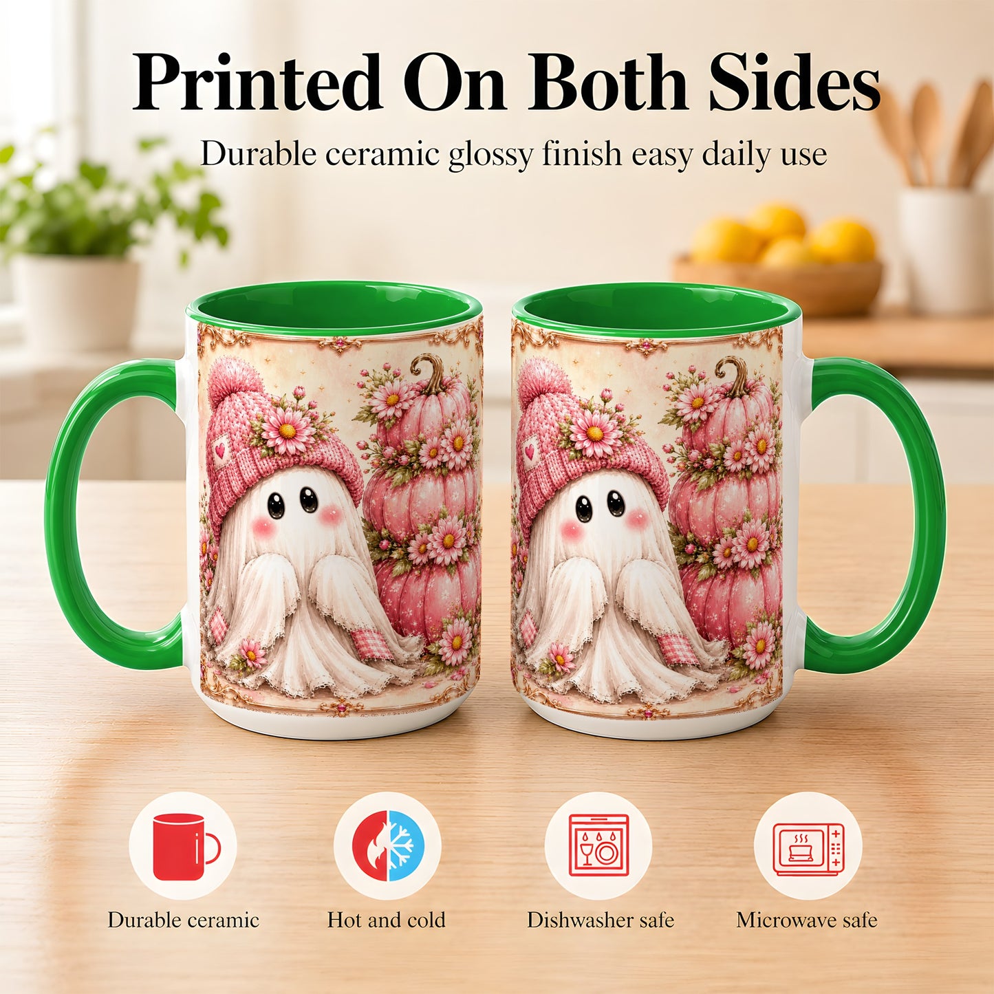 #pl[15oz|Green] Pink Pumpkin Ghost Coffee Mug, Floral Autumn Mug, Ceramic Cup