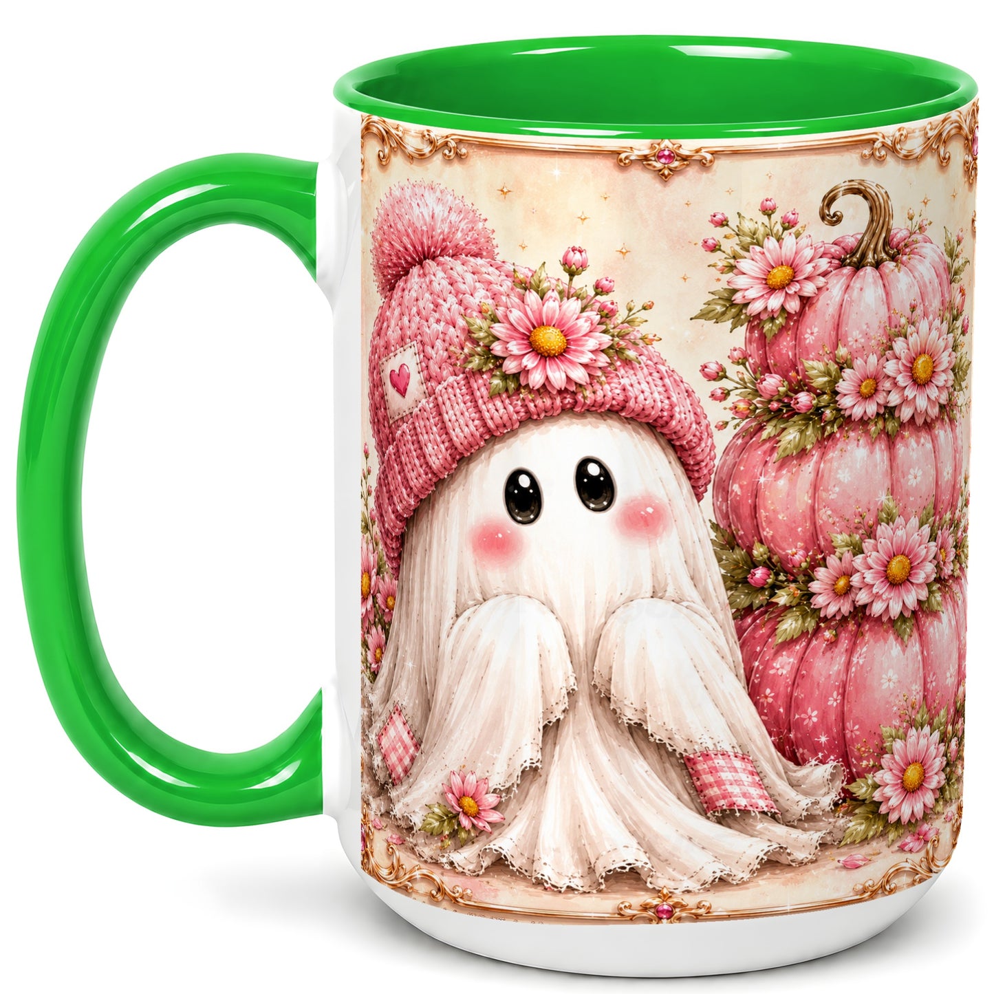 #pl[15oz|Green] Pink Pumpkin Ghost Coffee Mug, Floral Autumn Mug, Ceramic Cup
