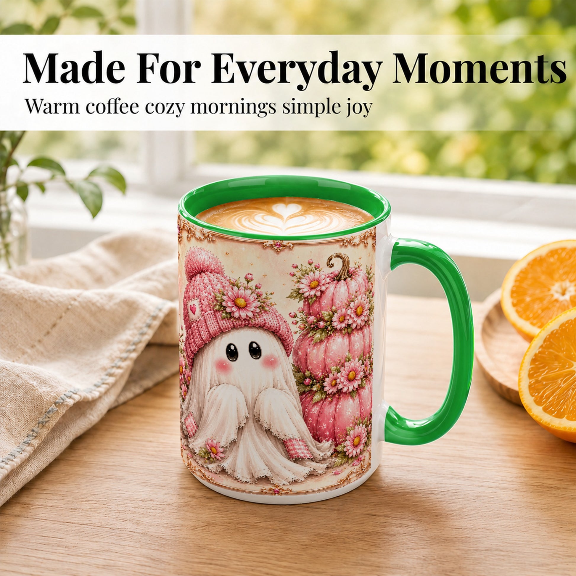 #pl[15oz|Green] Pink Pumpkin Ghost Coffee Mug, Floral Autumn Mug, Ceramic Cup