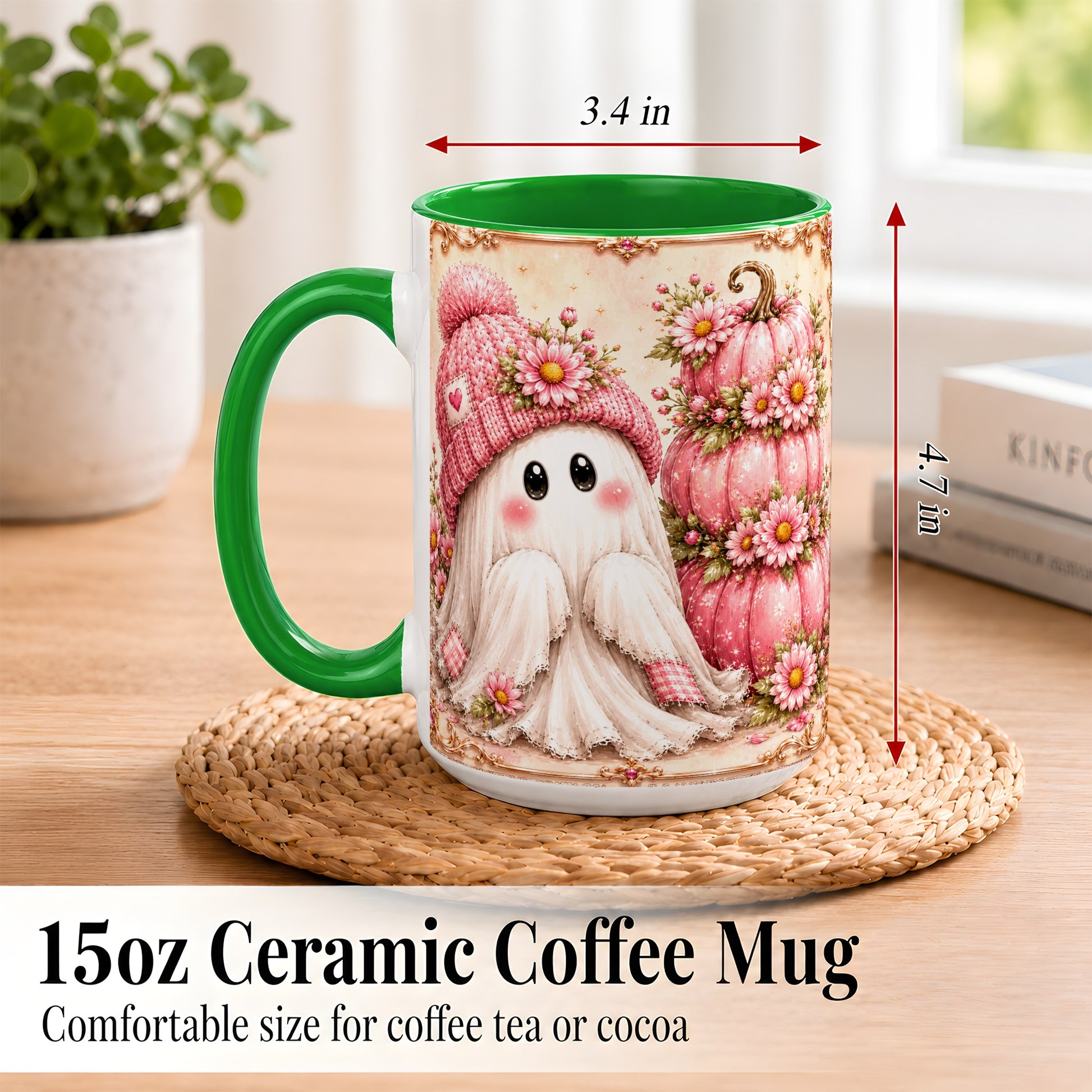 #pl[15oz|Green] Pink Pumpkin Ghost Coffee Mug, Floral Autumn Mug, Ceramic Cup