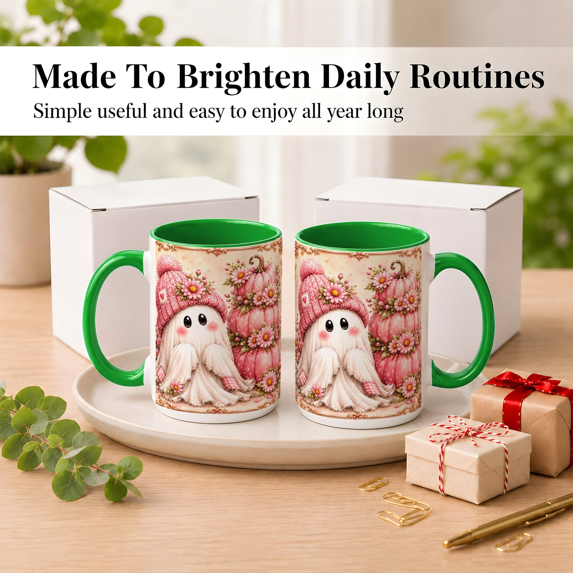 #pl[15oz|Green] Pink Pumpkin Ghost Coffee Mug, Floral Autumn Mug, Ceramic Cup