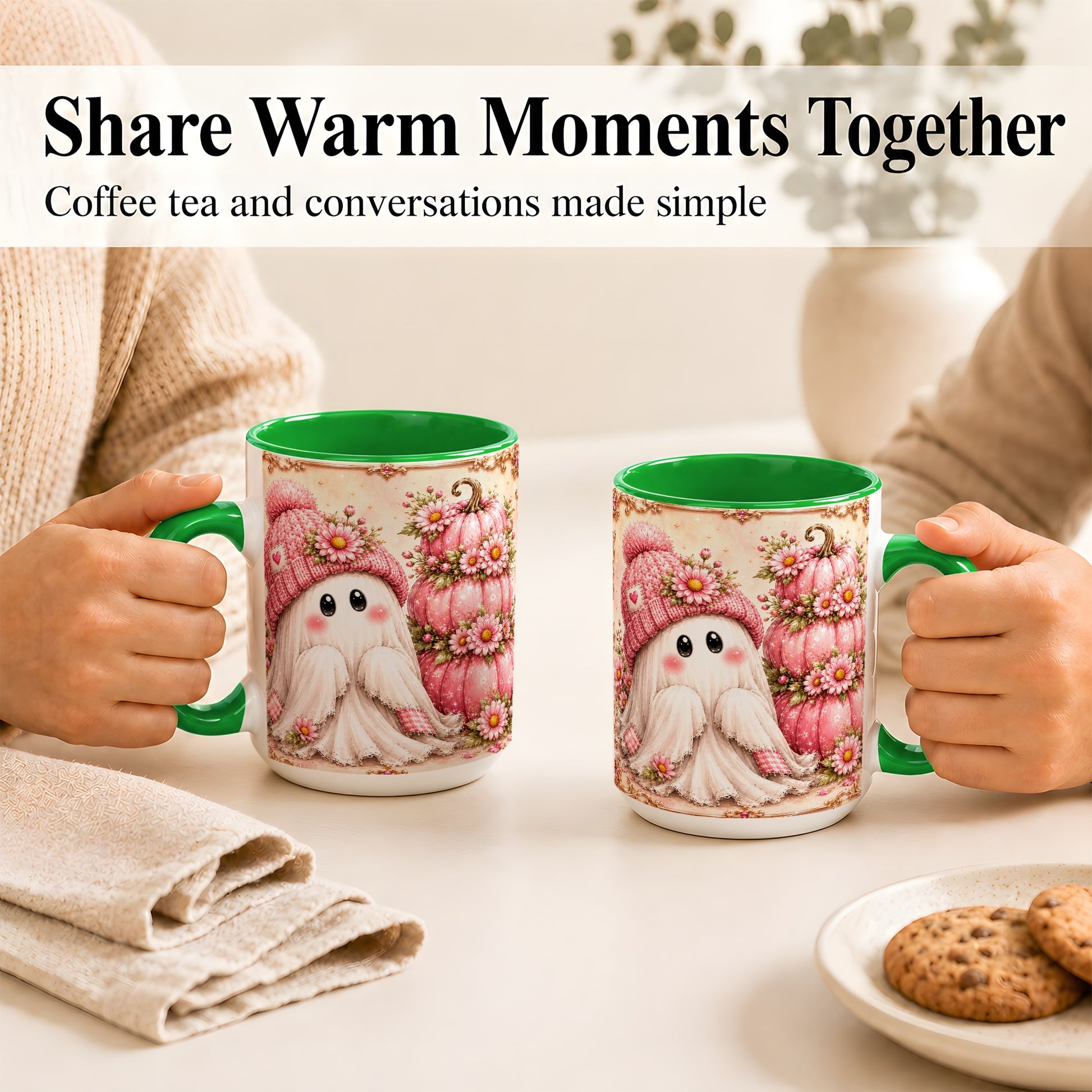 #pl[15oz|Green] Pink Pumpkin Ghost Coffee Mug, Floral Autumn Mug, Ceramic Cup
